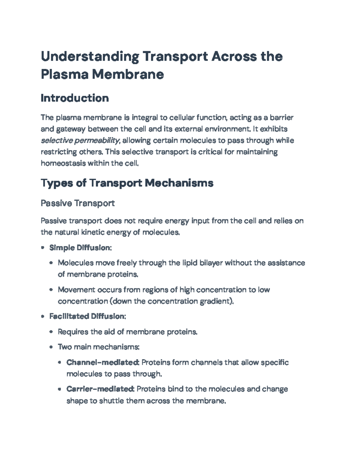 Mechanisms of Transport Across the Plasma Membrane: An Overview ...