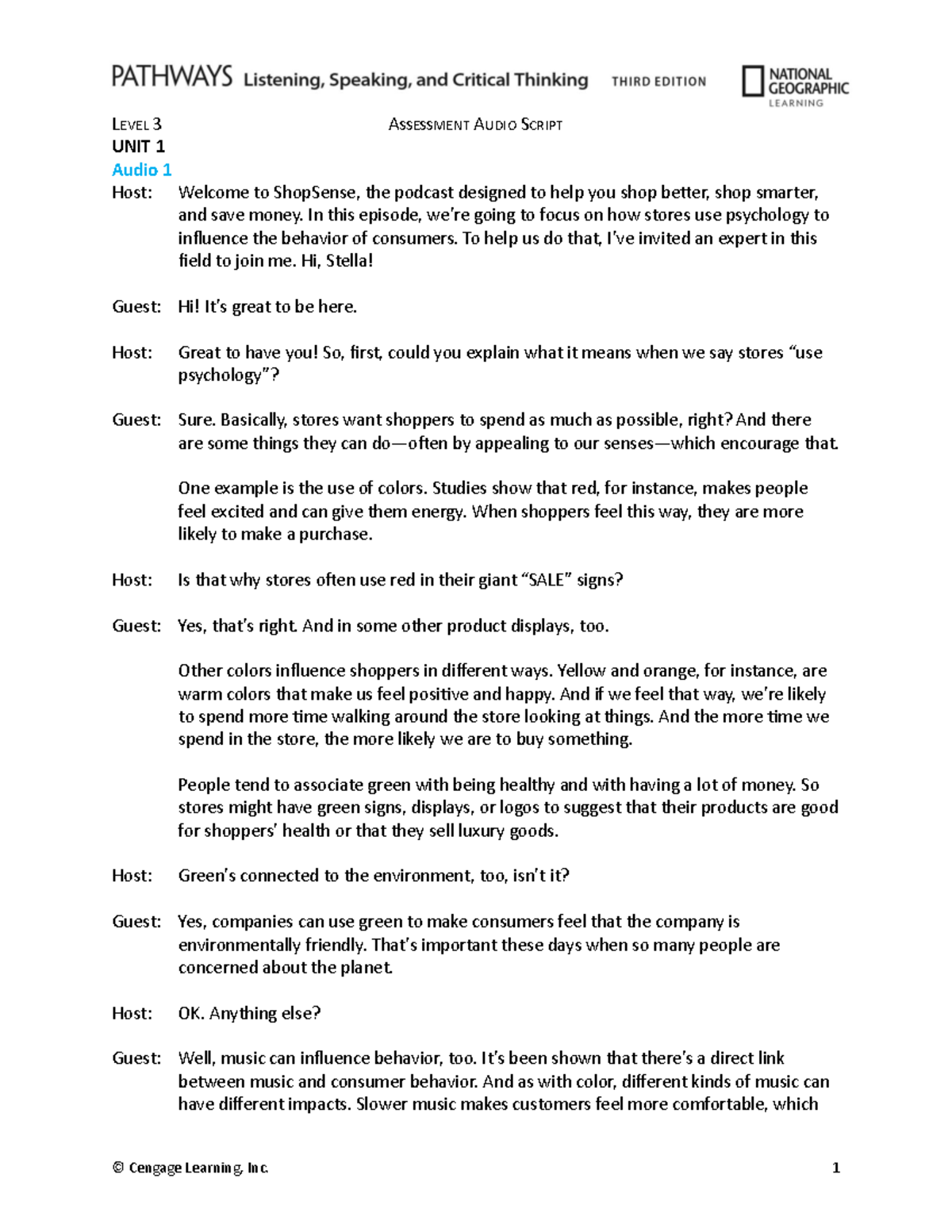 LEVEL 3 ASSESSMENT AUDIO SCRIPTS: PATHWAYS LS 3E ALL UNITS - Studocu