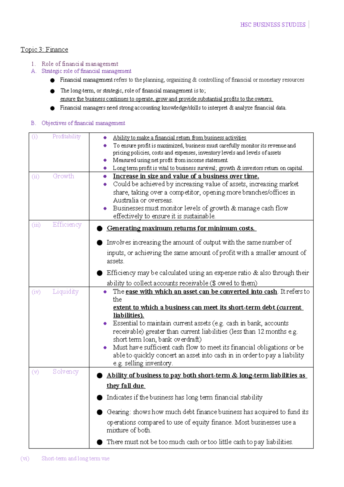 HSC BUSINESS STUDIES Topic 3: Finance - Strategic Role & Objectives ...
