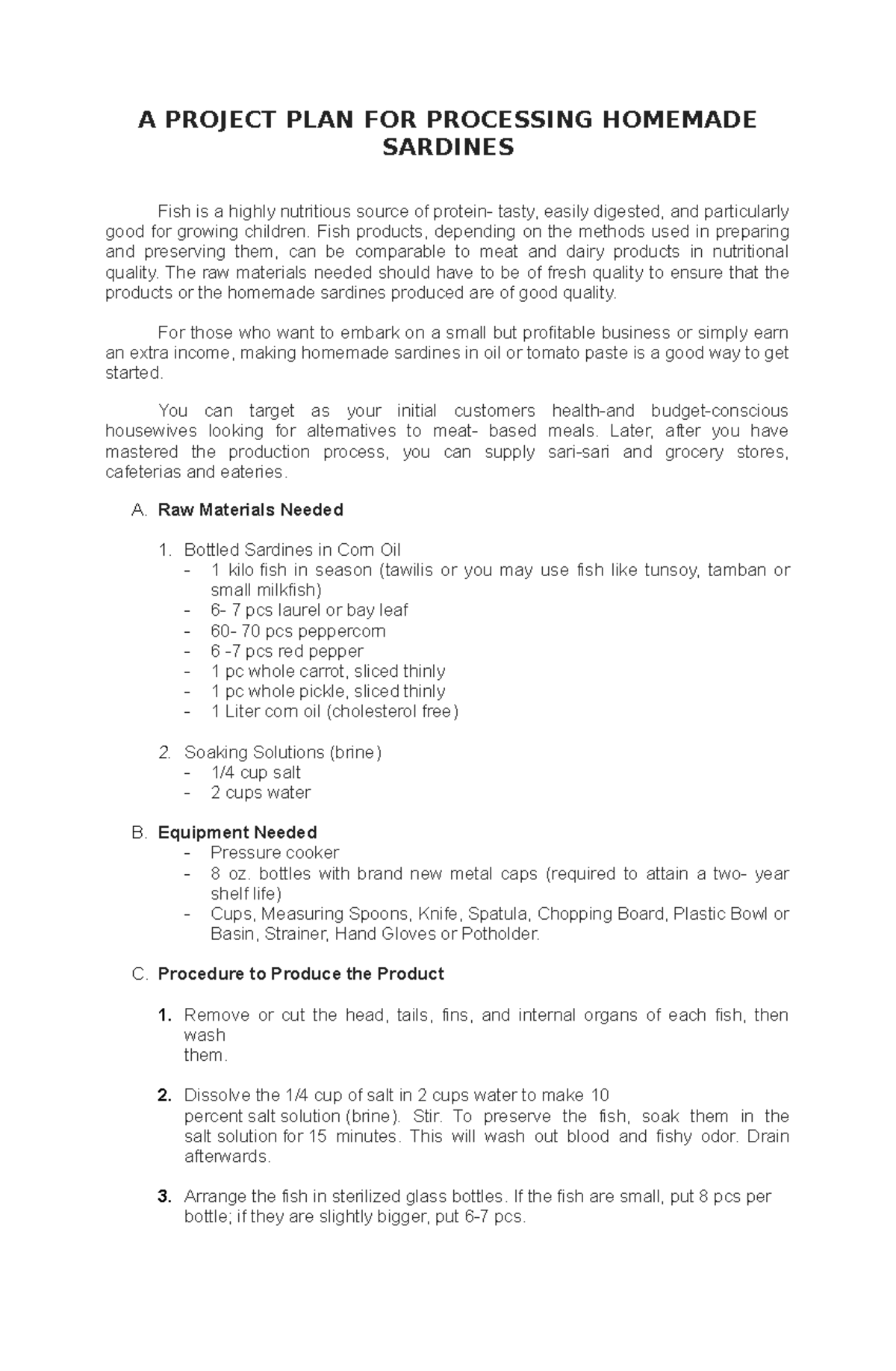 A Project Plan for Making Homemade Sardines: A Guide to Success - Studocu