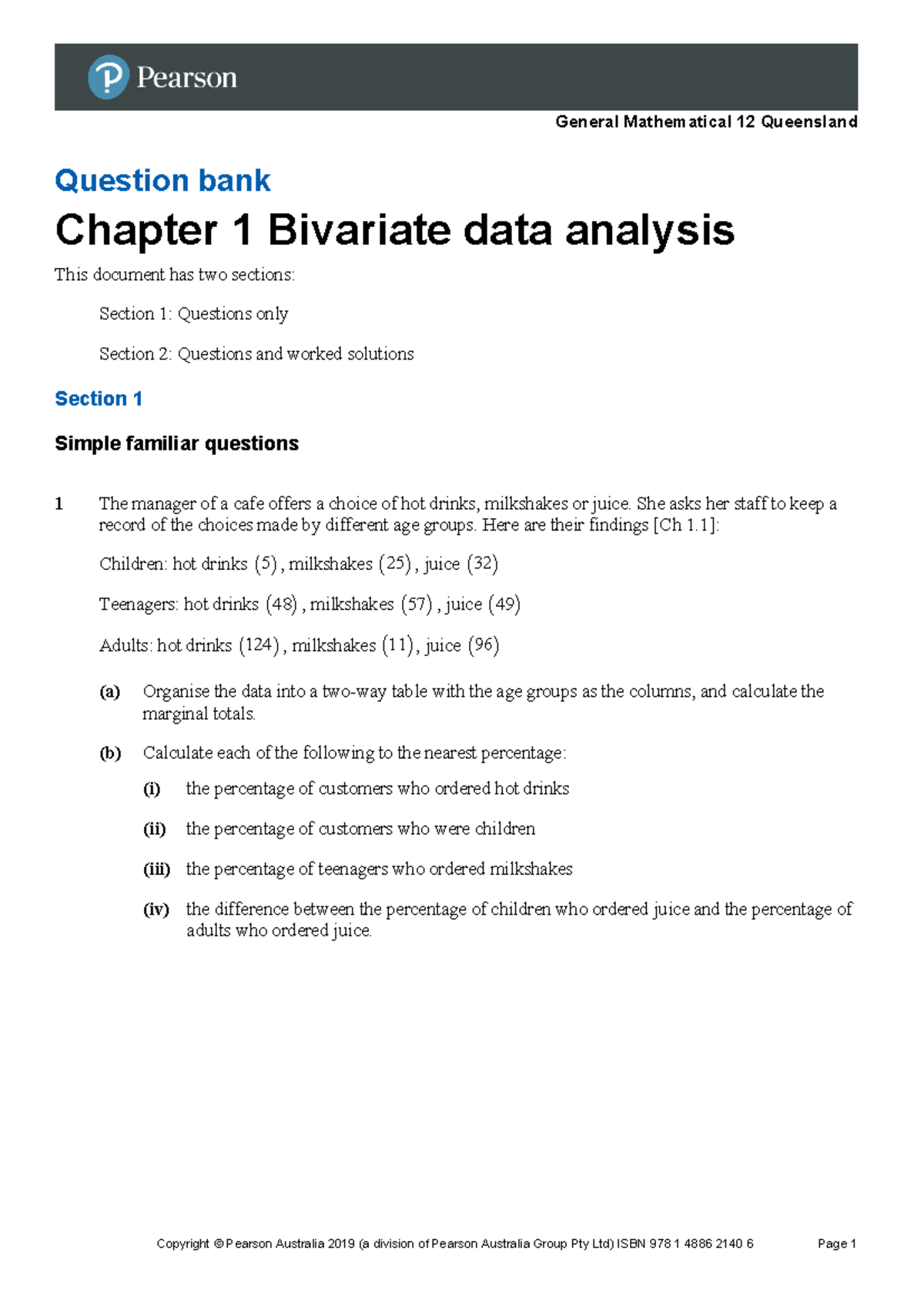 General Mathematical 12 Queensland Question Bank: Chapter 1 Bivariate ...