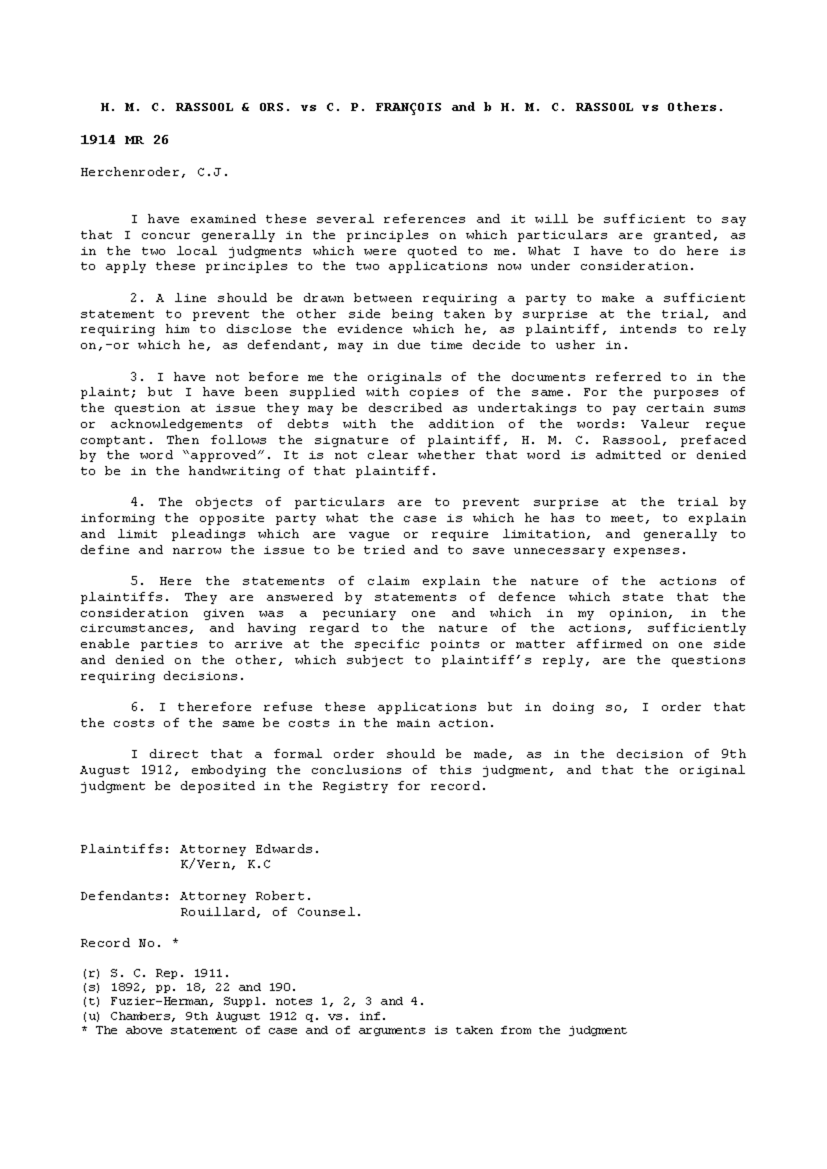 HMC Rassool & Ors. vs CP François - 1914 MR 26 Judgment Analysis - Studocu
