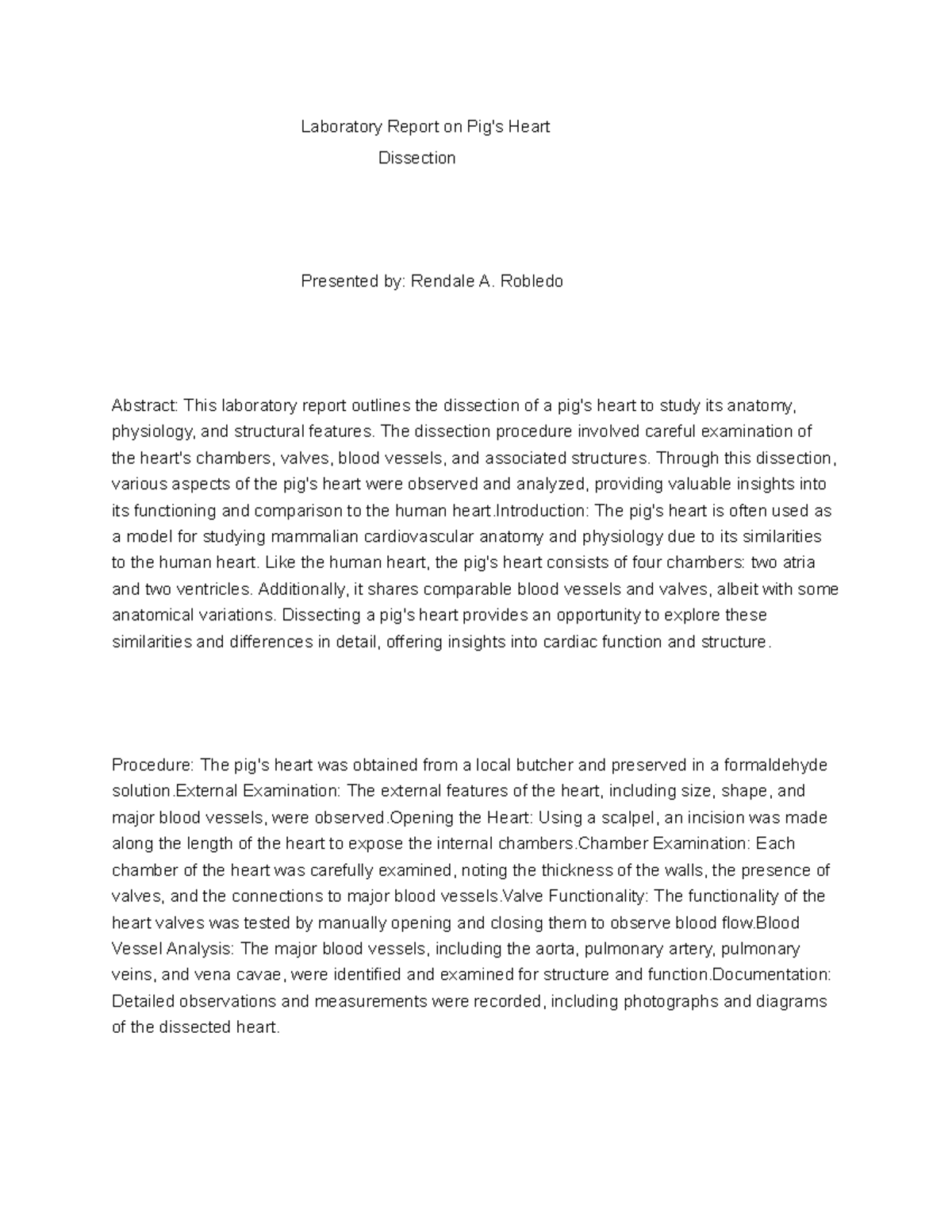 Laboratory Report on Pig's Heart Dissection and Analysis - Studocu