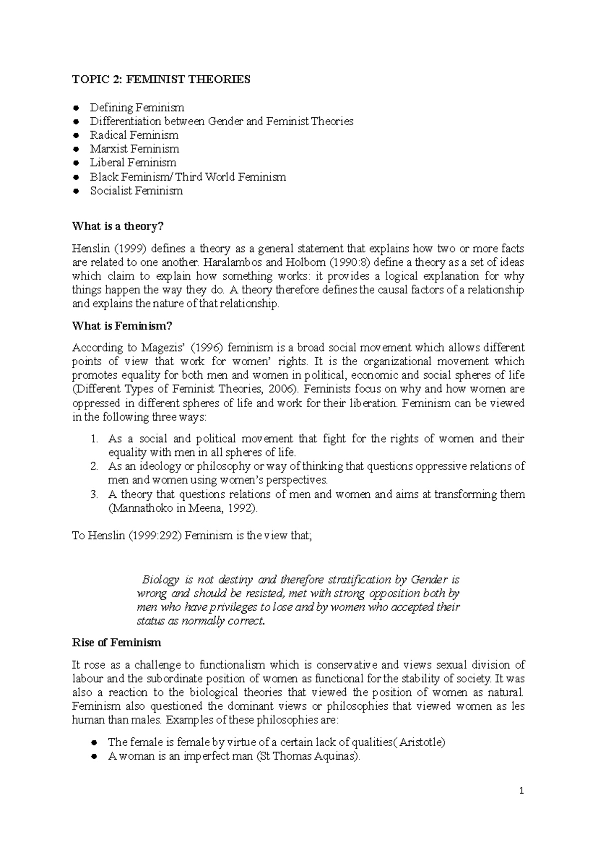 GSSS 231. Lecture 2 - Key Concepts in Feminist Theories and Gender ...