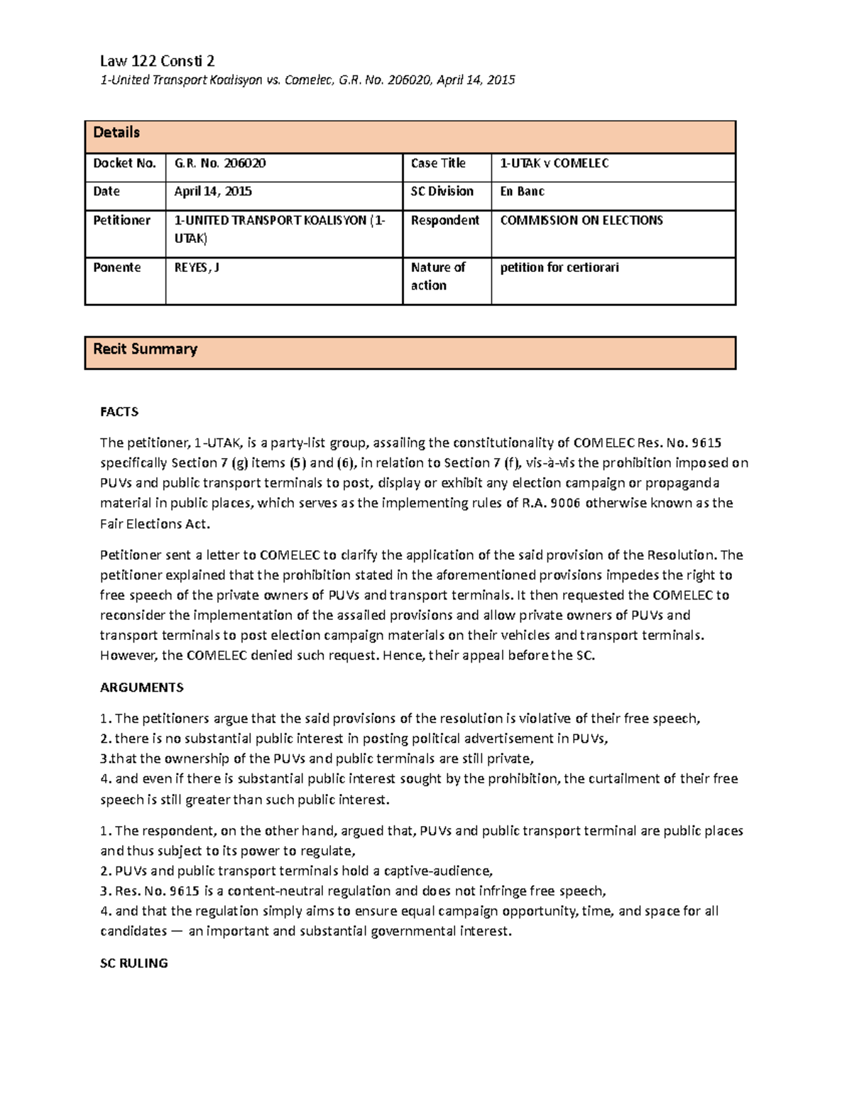 1-UTAK v Comelec, G.R. No. 206020 - Case Digest on Free Speech Issues ...