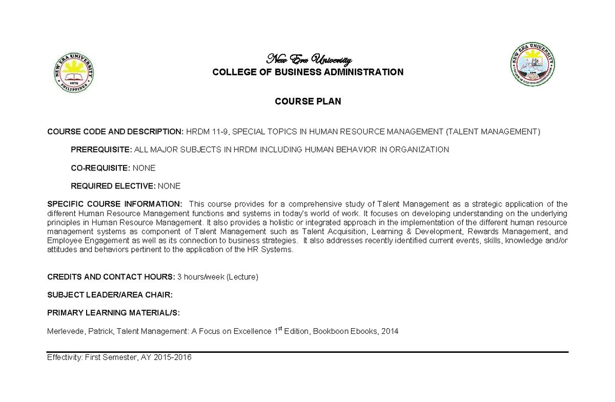 HRDM 11: Course Plan for Special Topics in Talent Management - Studocu