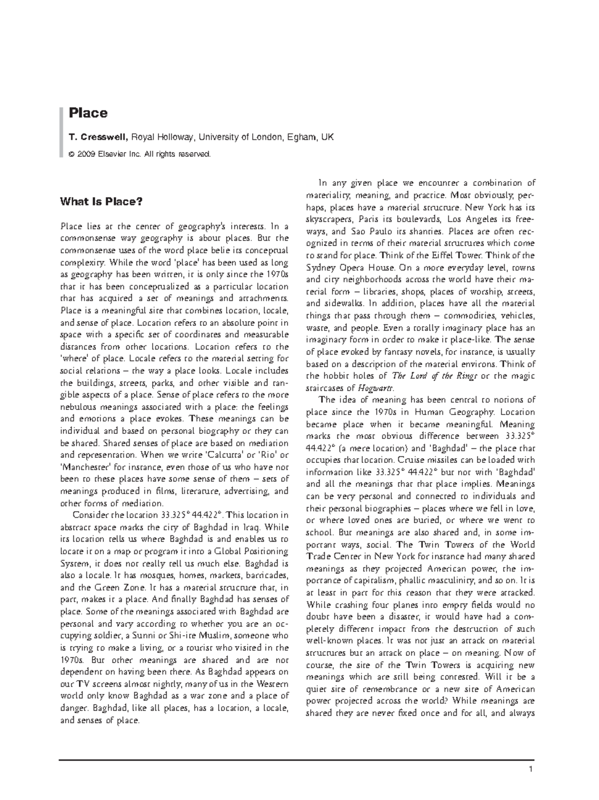 Exploring Place, Nonplace, and Human Experience in Geography - T ...