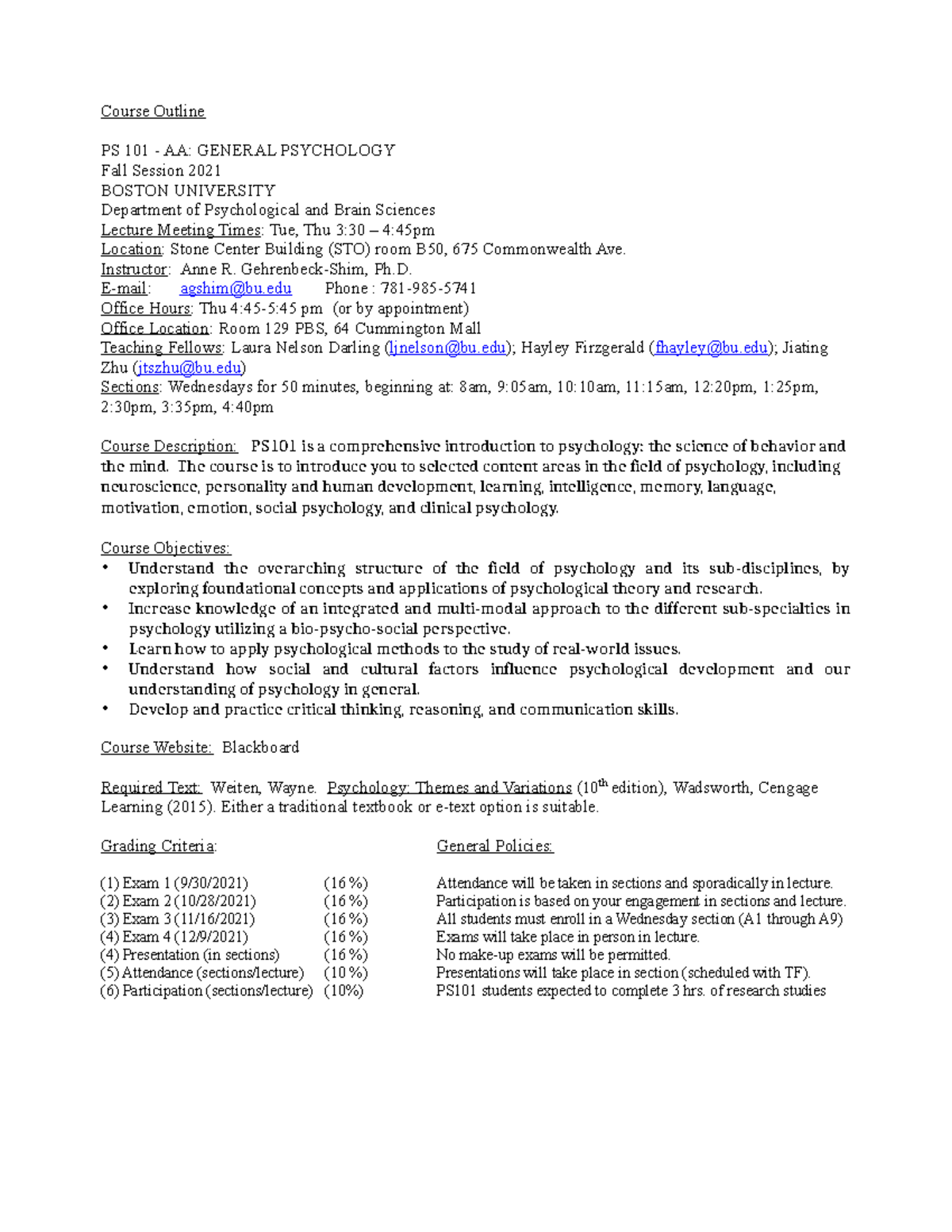 Syllabus for PS 101 AA: General Psychology - Fall 2021 - Studocu