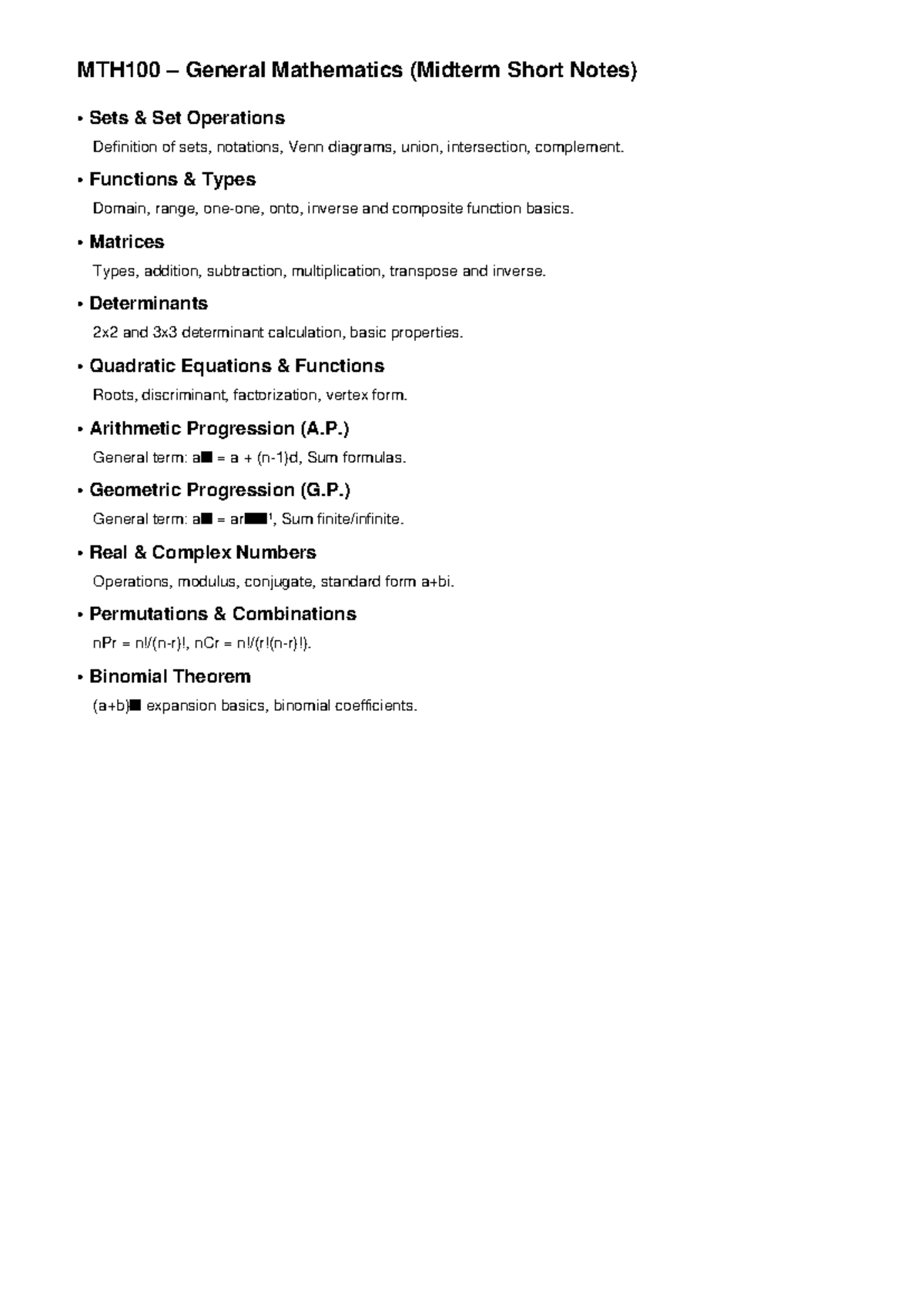 MTH100 Midterm Short Notes - MTH100 – General Mathematics (Midterm ...
