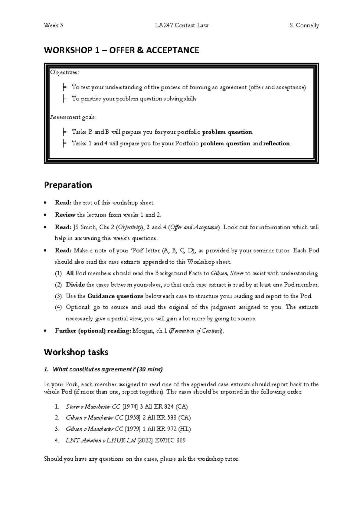 Contract Workshop - WORKSHOP 1 – OFFER & ACCEPTANCE Objectives: ╞ To ...