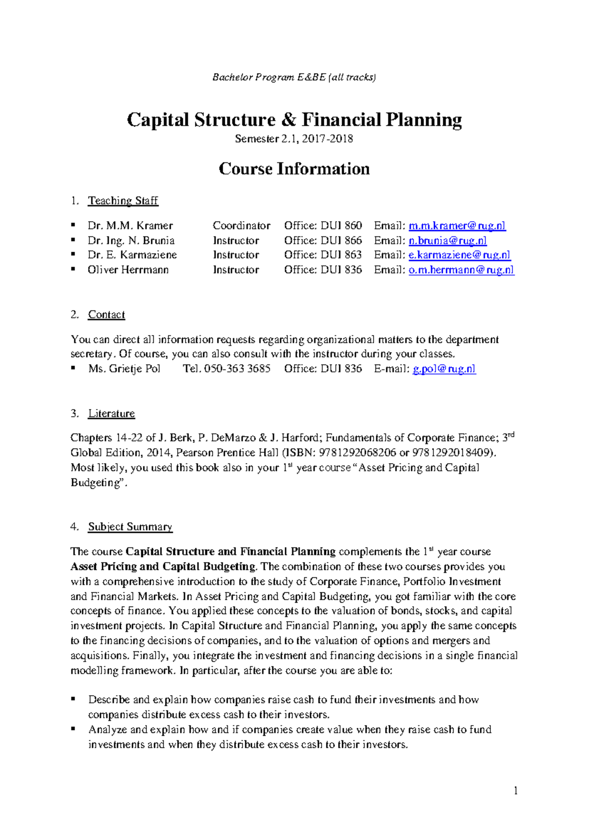 Capital Structure & Financial Planning Course Outline 2017-2018 ...