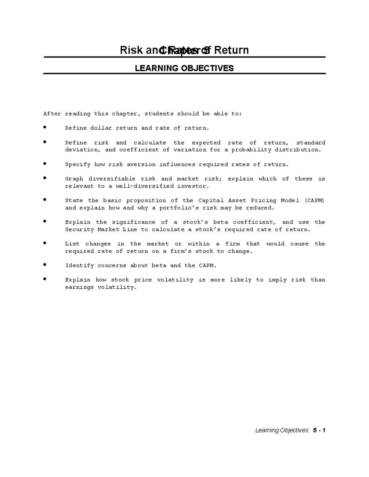 5 - Risk and Rates of Return (Learning objectives) - After reading this ...