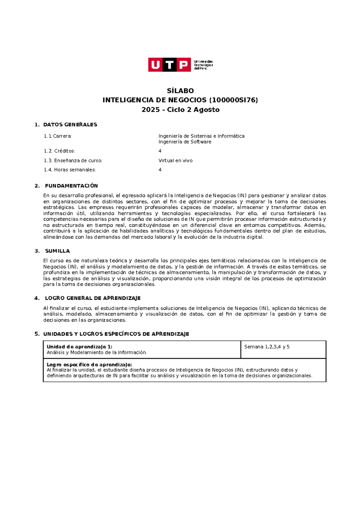 Sílabo de Inteligencia de Negocios IN2025 - Ciclo 2, Agosto 2025 - Document Preview