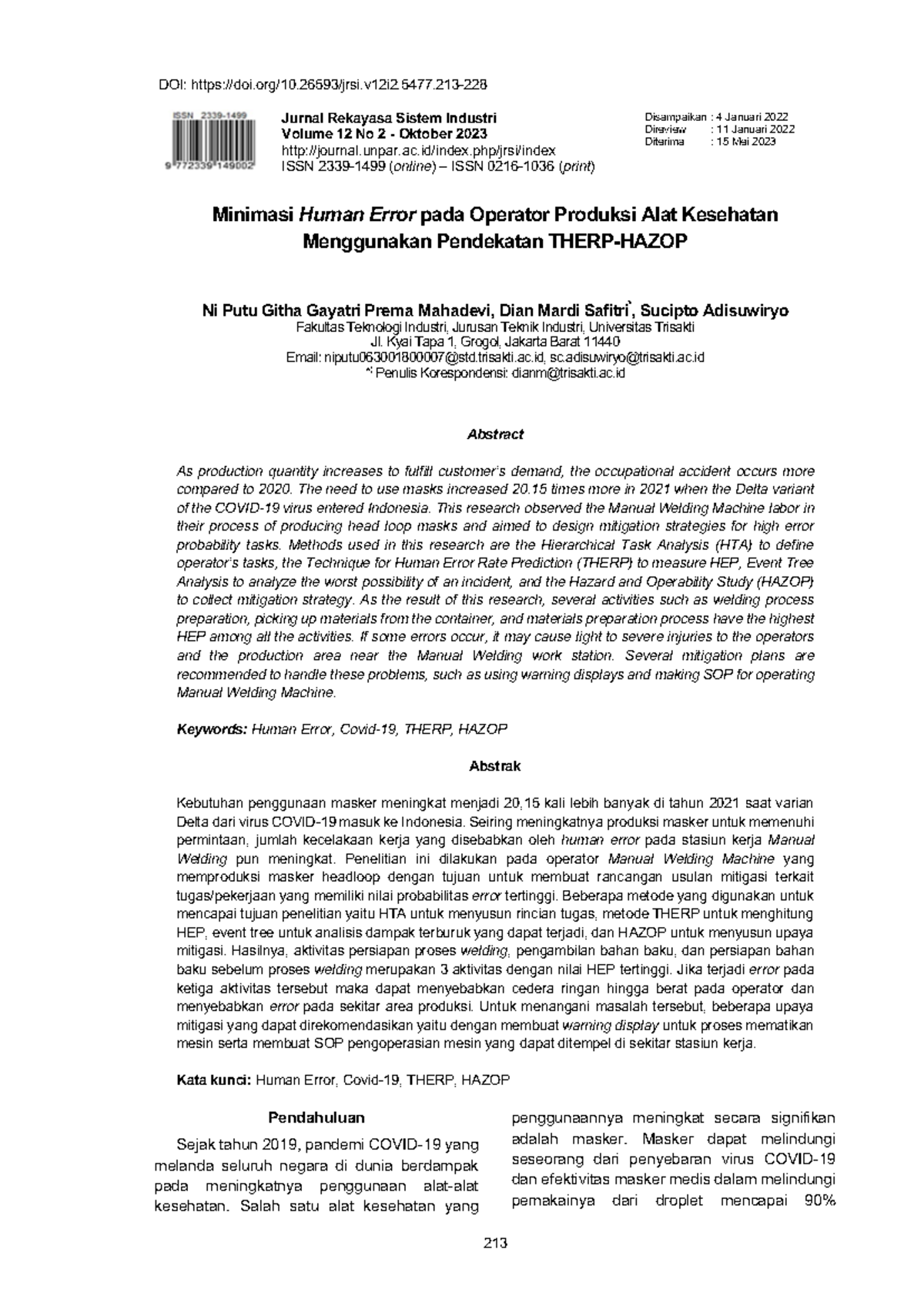 Minimasi Human Error pada Produksi Alat Kesehatan Berbasis THERP-HAZOP ...