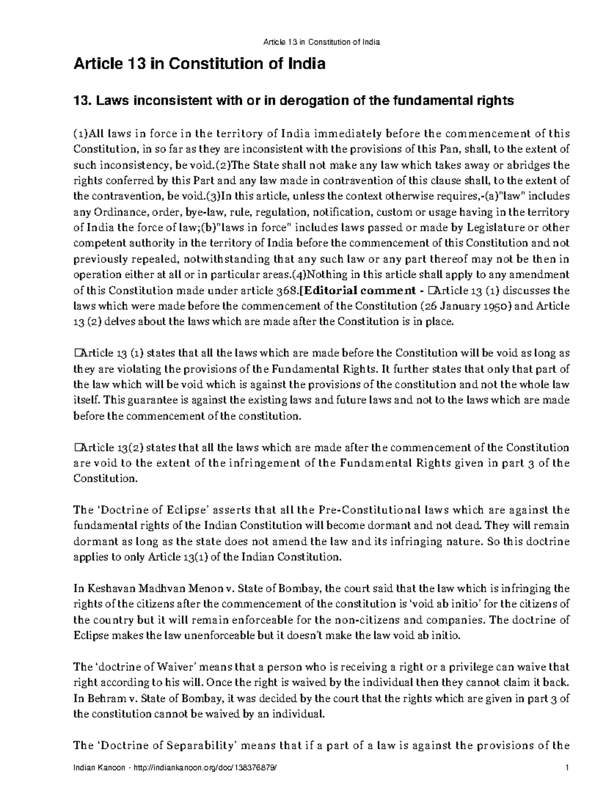Article 13 in Constitution of India - Laws inconsistent with or in ...