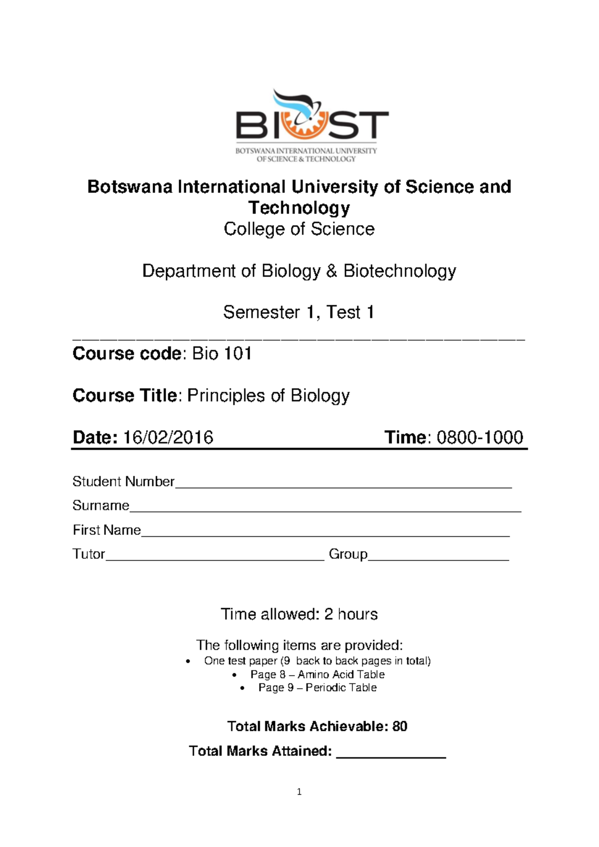 Bio 101: Principles of Biology Semester 1 Test 1 Notes - Studocu