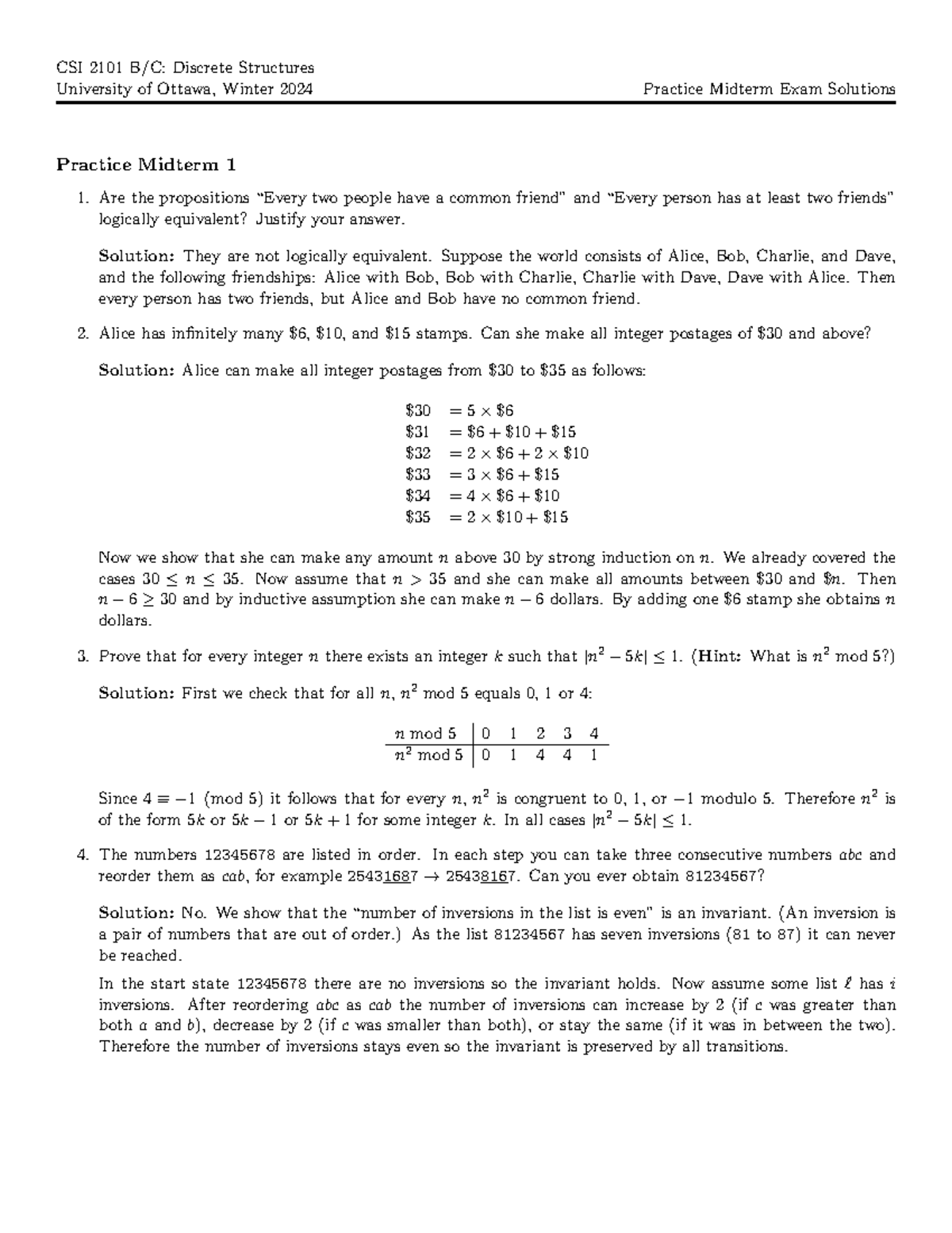 CSI 2101 B/C Winter 2024 Practice Midterm Exam Solutions - Studocu