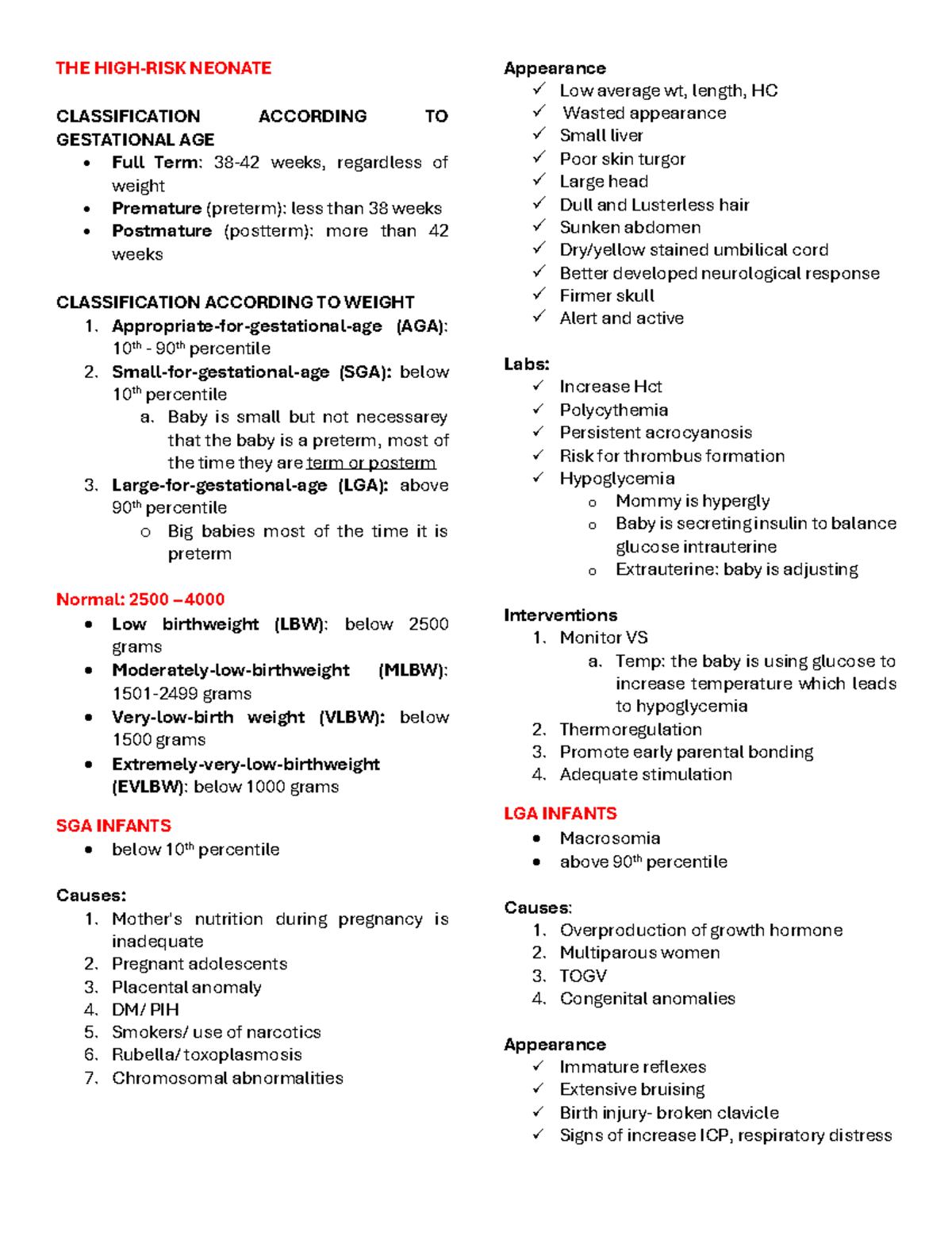 High-Risk Neonates: Classification & Management (Pedia) - Studocu