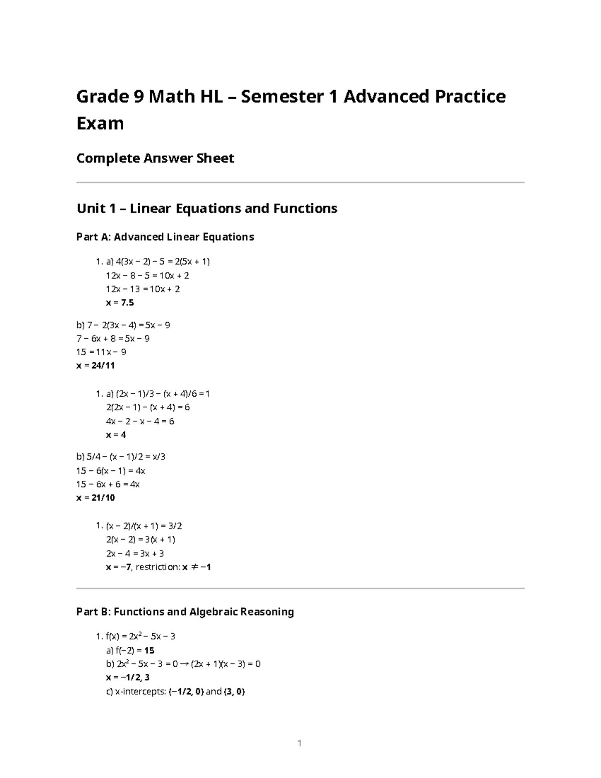 Grade 9 Math HL - Semester 1 Advanced Exam Answer Sheet - Studocu