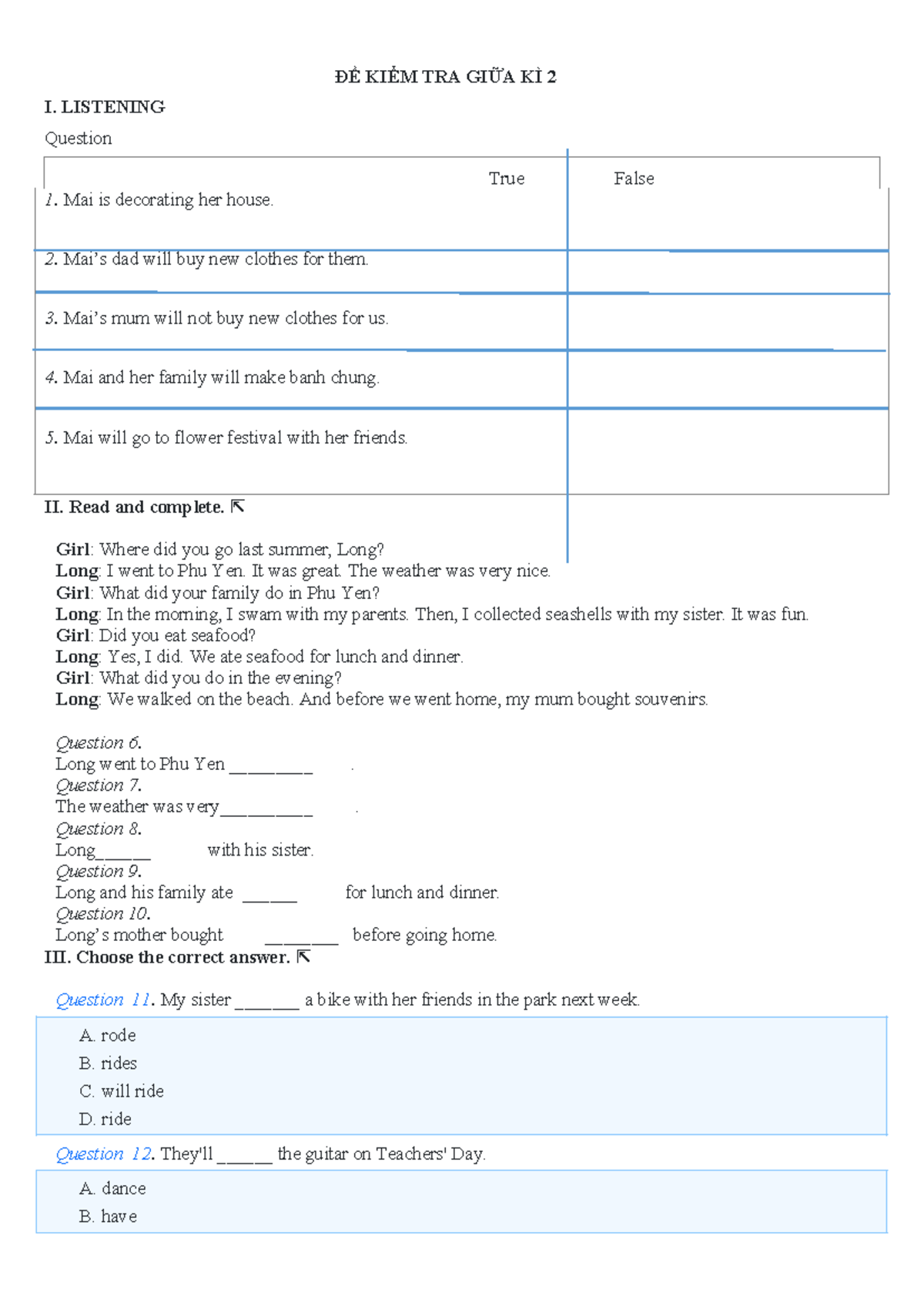 ĐỀ KIỂM TRA GIỮA KÌ 2 TIẾNG ANH 5 - Listening & Reading Questions - Studocu
