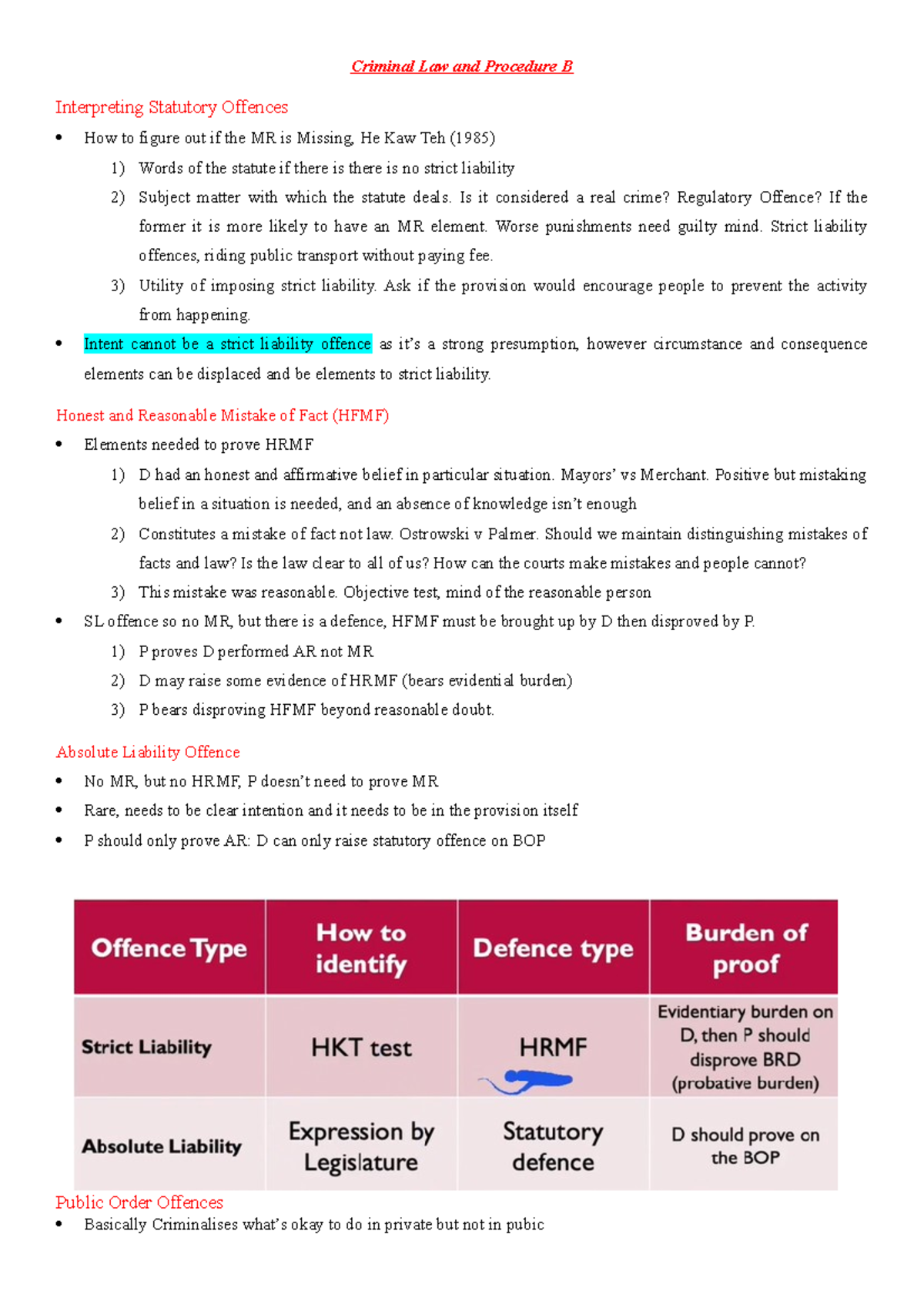 Criminal Law & Procedure B - Lecture Notes on Statutory Offences - Studocu