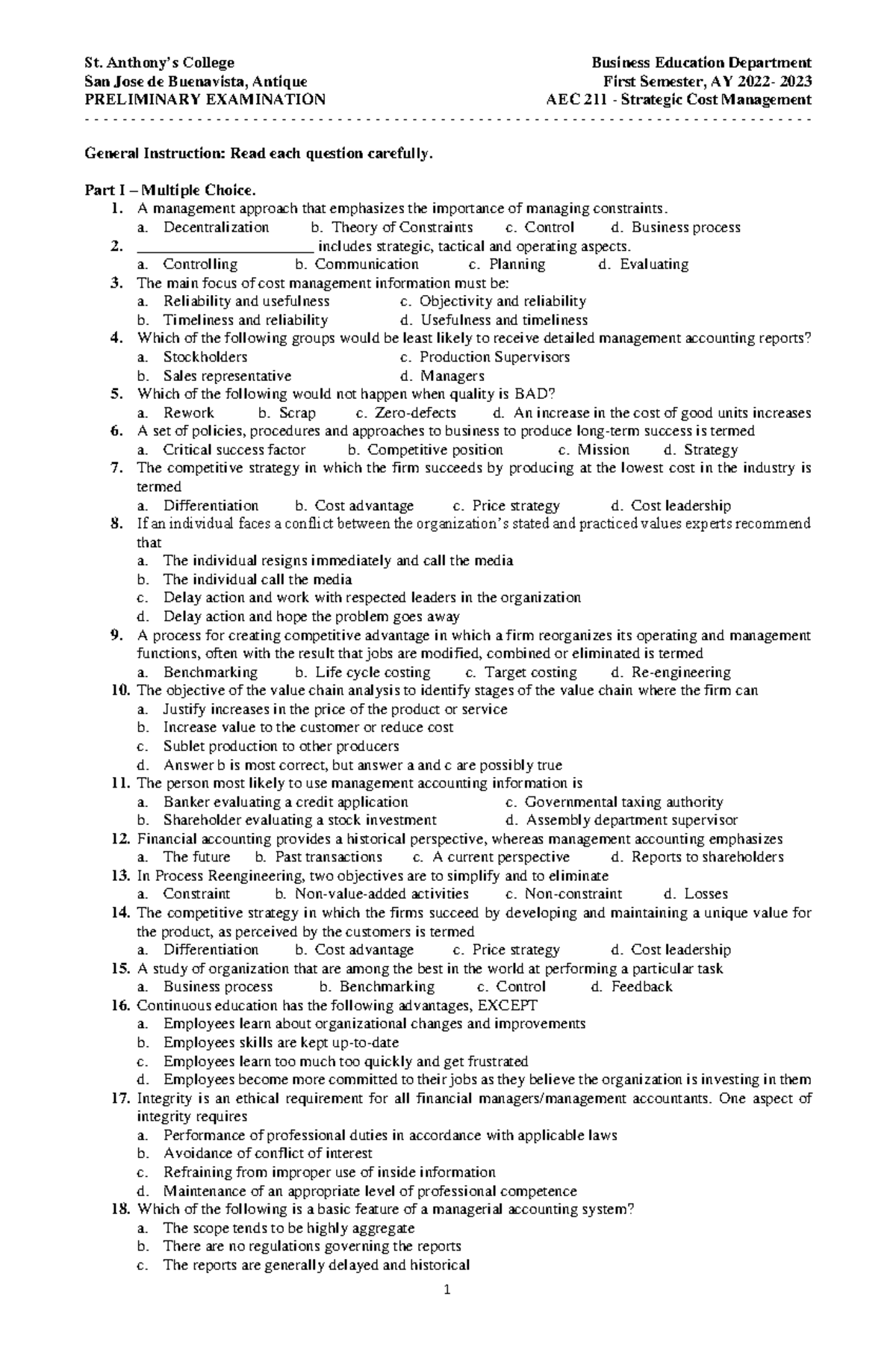 Strategic Cost Management Preliminary Exam AEC 211 - AY 2022-2023 - Studocu