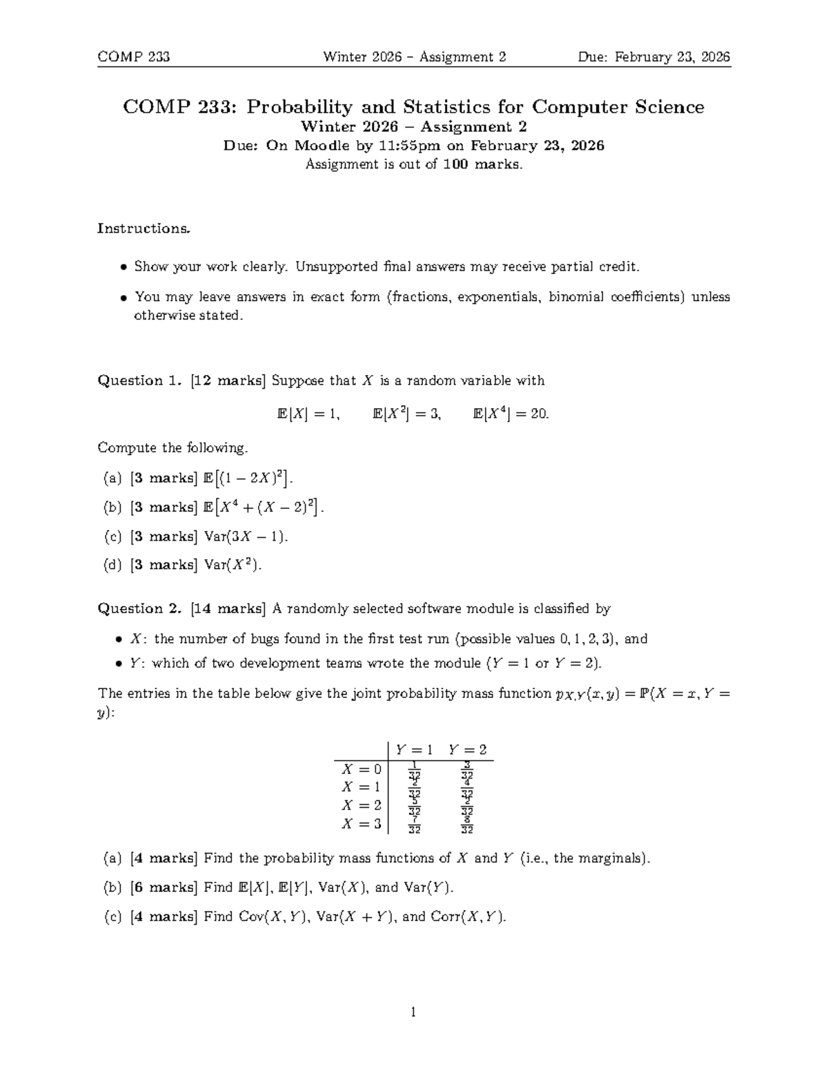 COMP 233 Winter 2026 Assignment 2: Probability & Statistics Problems ...