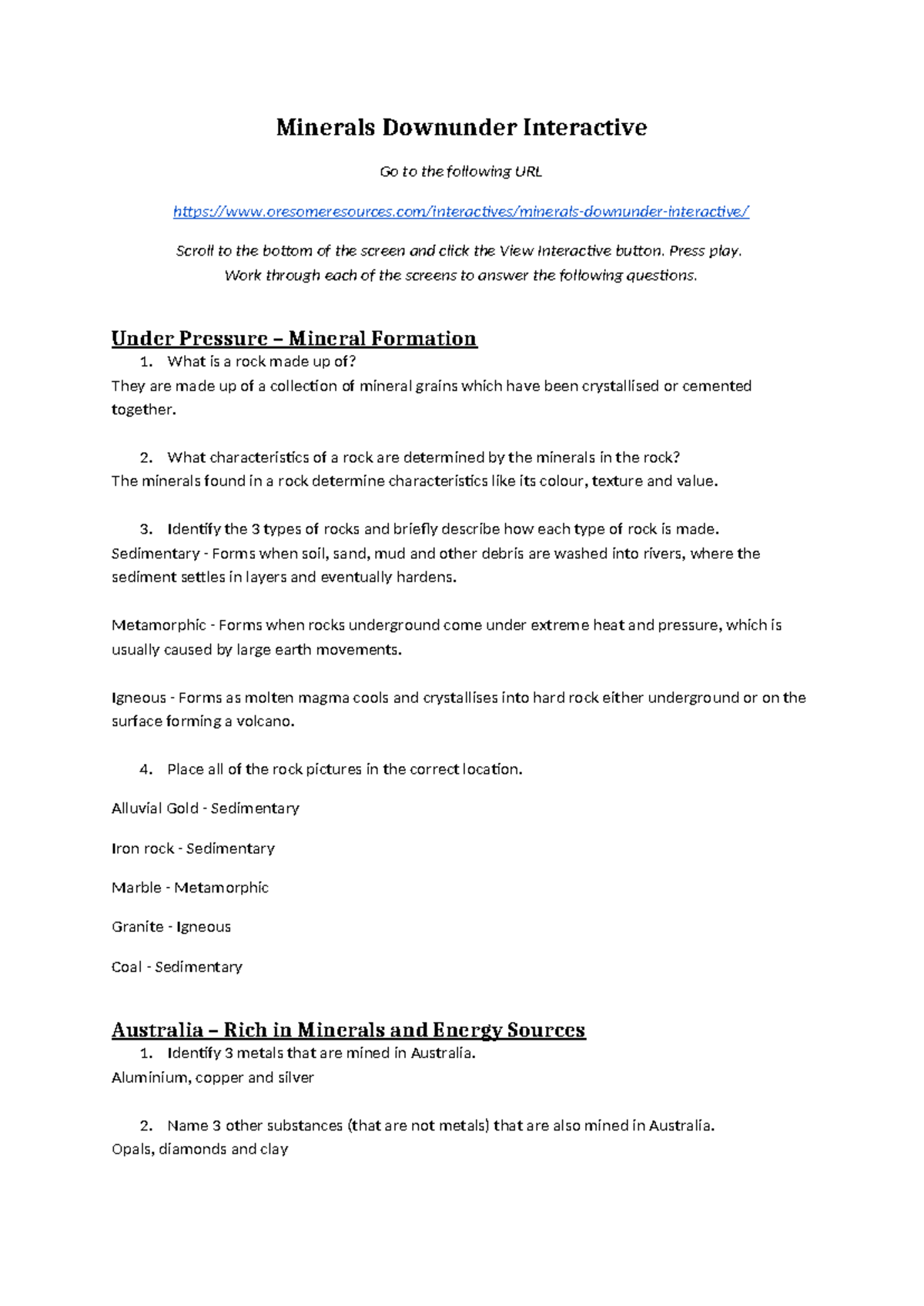 Minerals Downunder: Interactive Worksheet for Study - Studocu