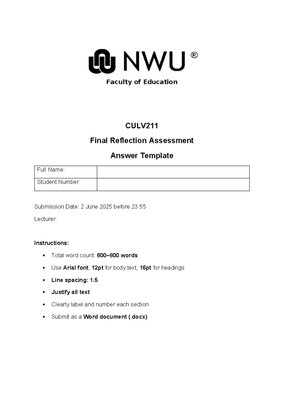 CULV211 Answer Template NWU - CULV211 - Faculty of Education CULV Final ...