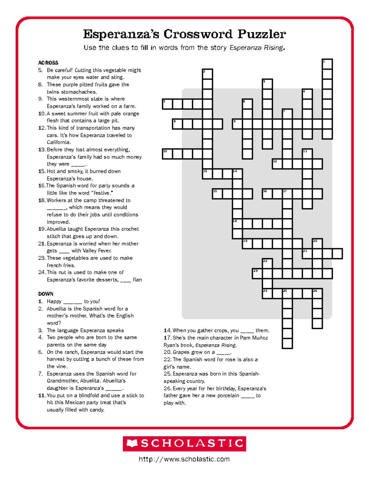 ESL 101: Crossword Puzzle on Esperanza Rising Story - Studocu