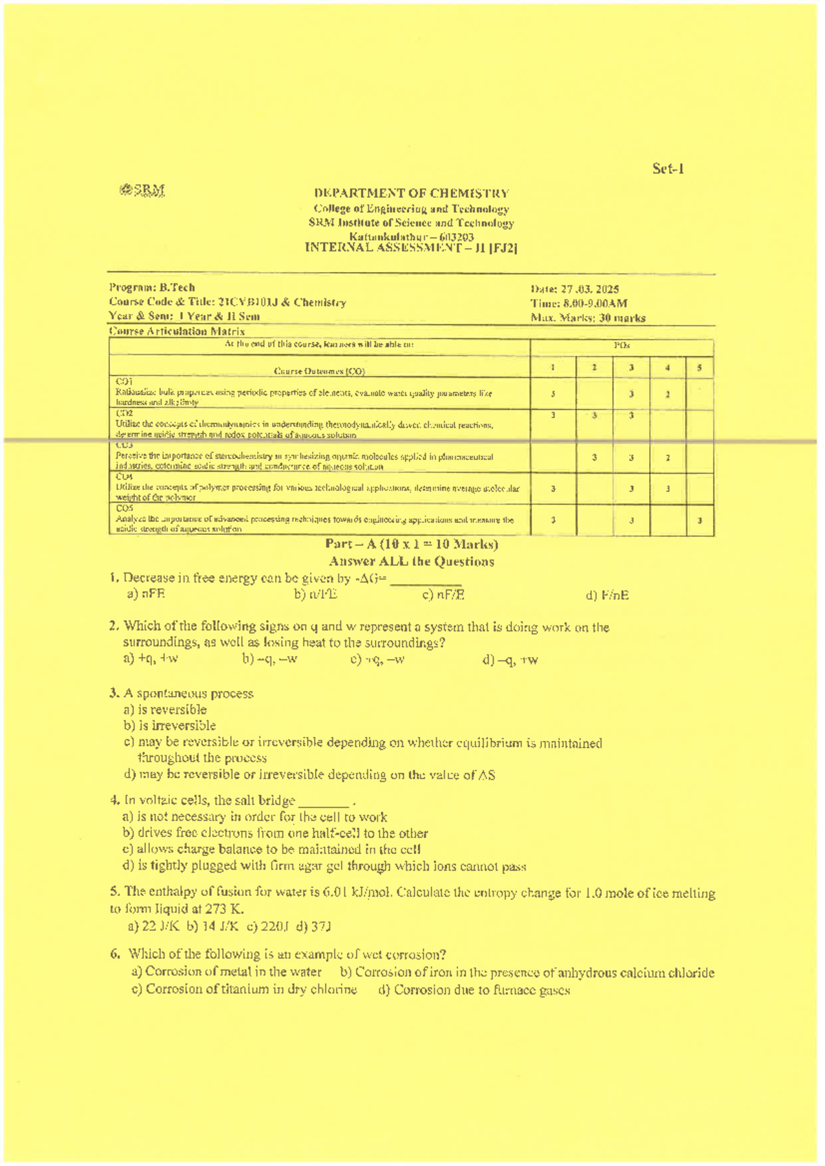 BTH-1 Internal Assessment 11: Chemistry Course Overview and Q&A - Studocu