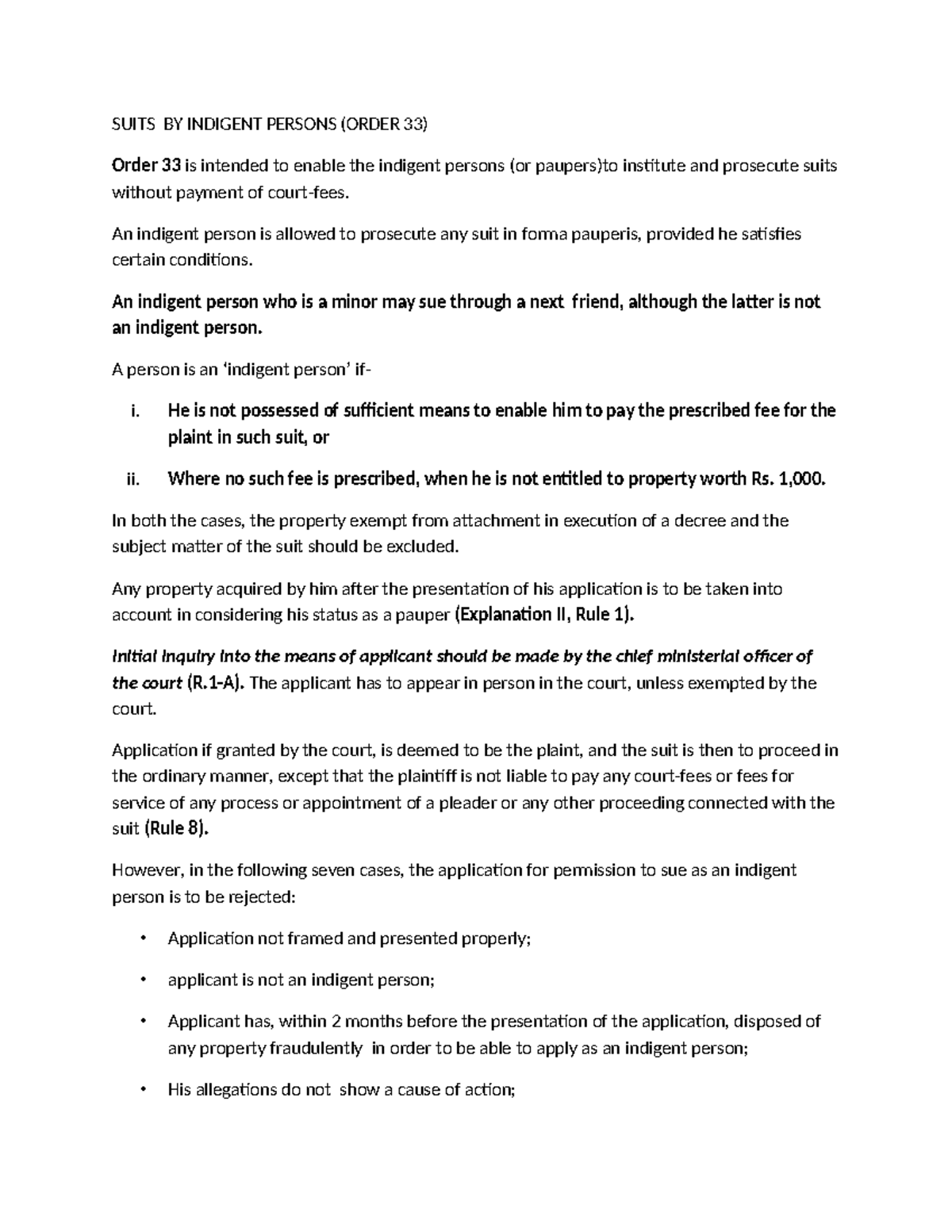 CPC1 Indigent Persons & Suits - Order 33 Overview & Procedures - Studocu