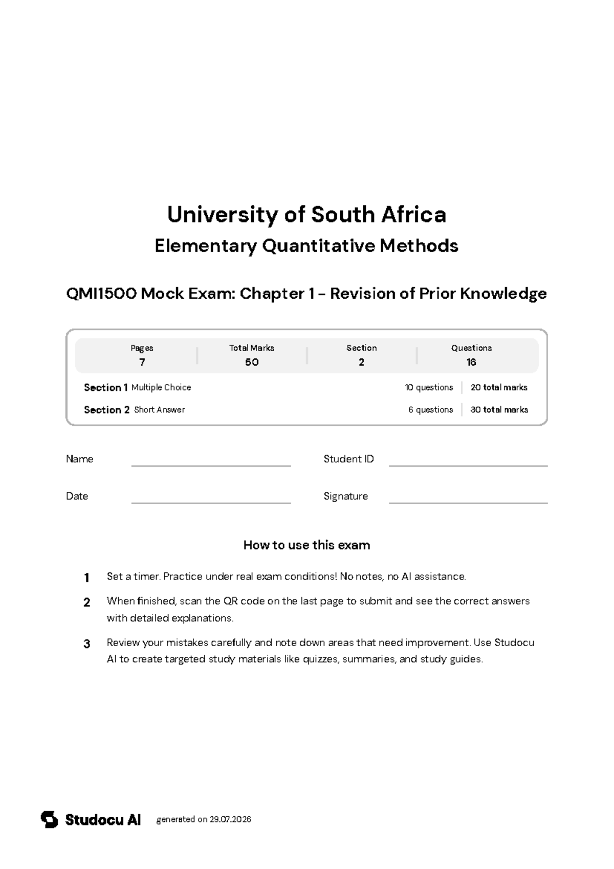 QMI1500 Mock Exam: Chapter 1 - Revision of Prior Knowledge - Studocu