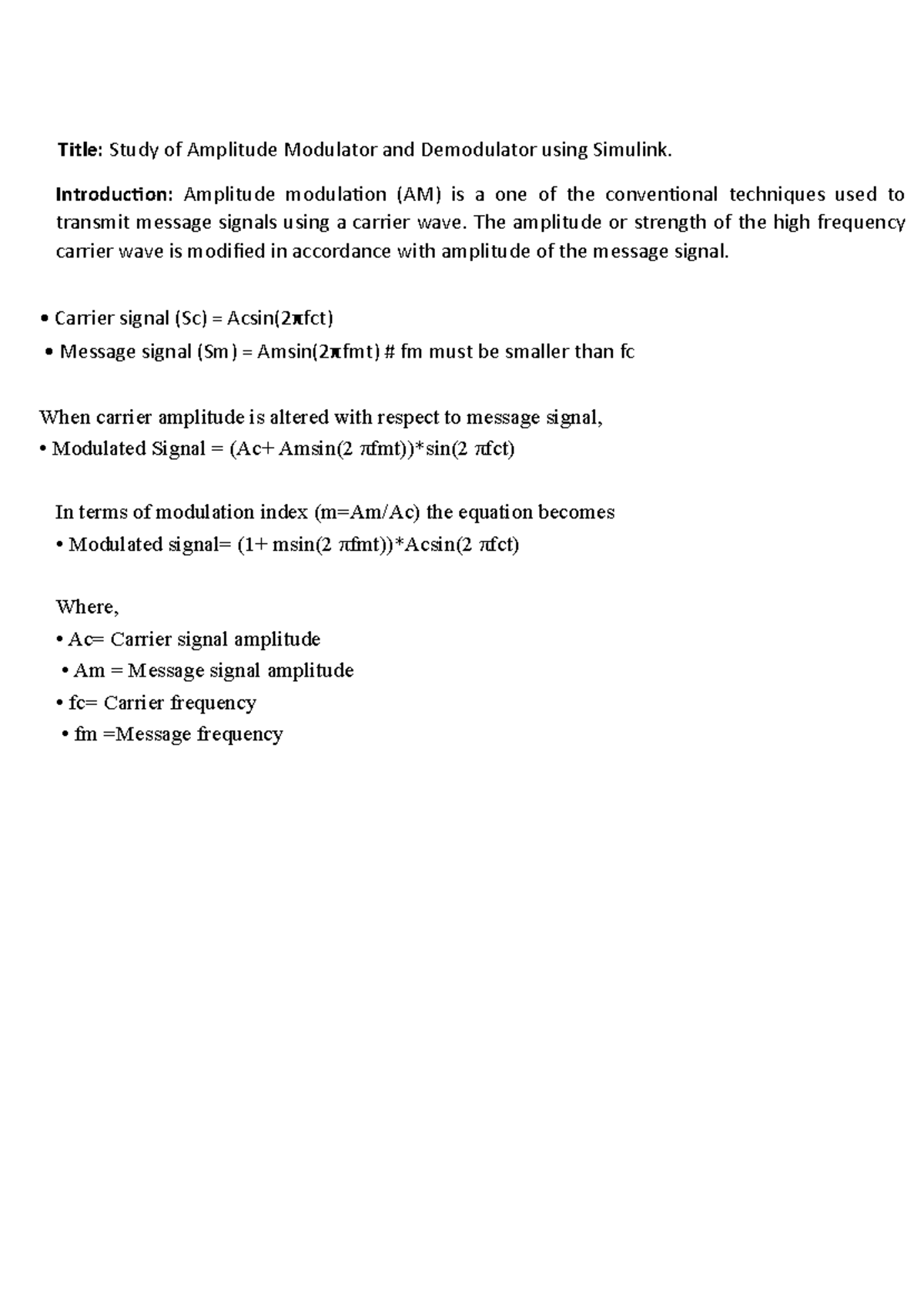 Lab 7: Amplitude Modulator & Demodulator Study using Simulink - Studocu