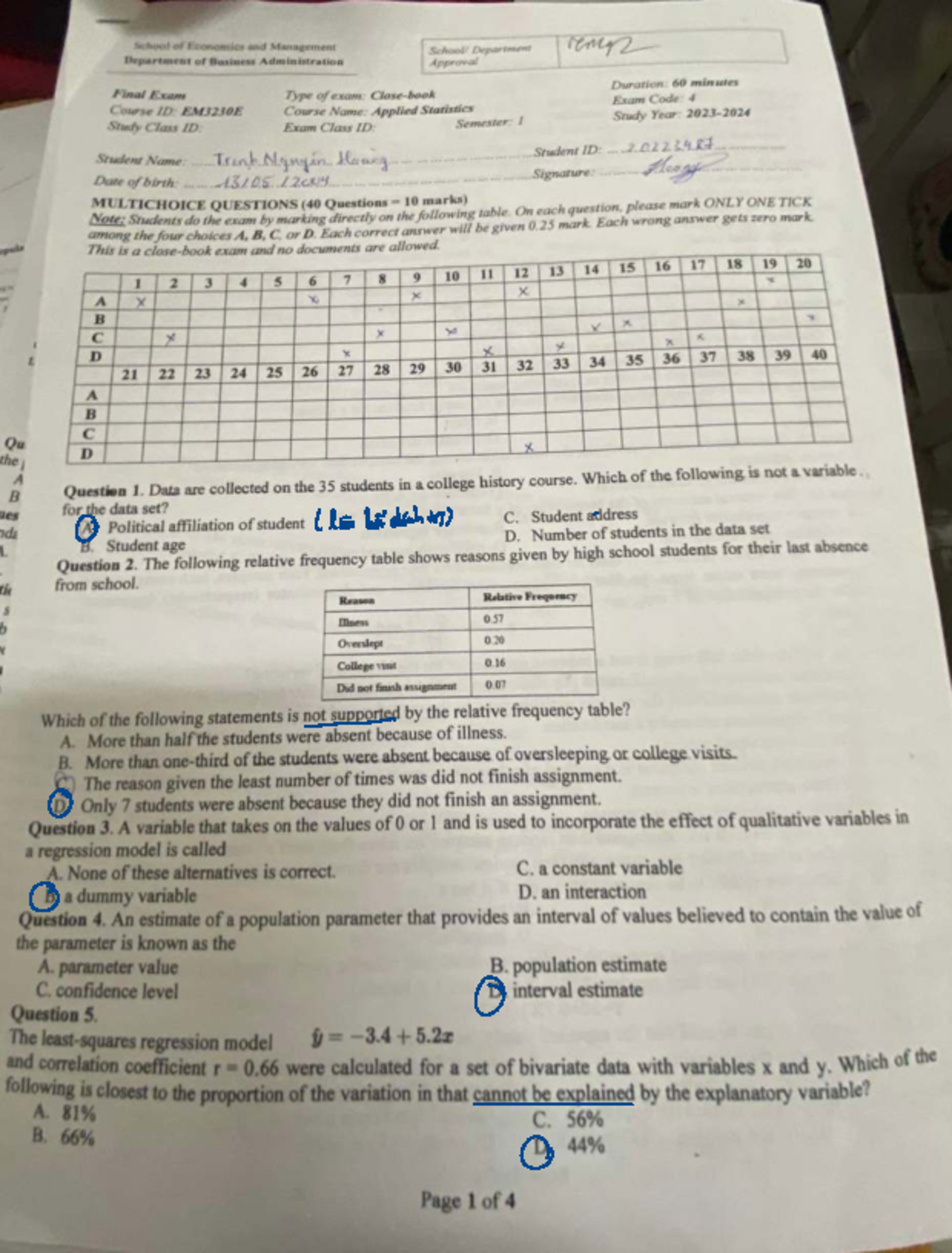 Final Exam EM3230E: Applied Statistics Questions and Answers - Studocu