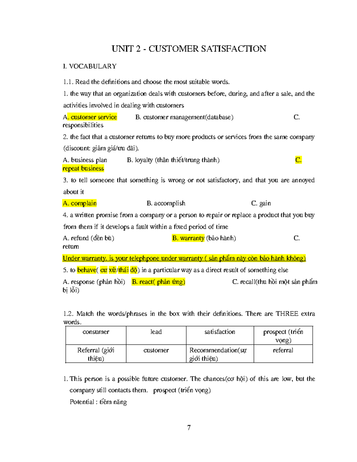 Extra Exercises - UNIT 2: Enhancing Customer Satisfaction Skills - Studocu