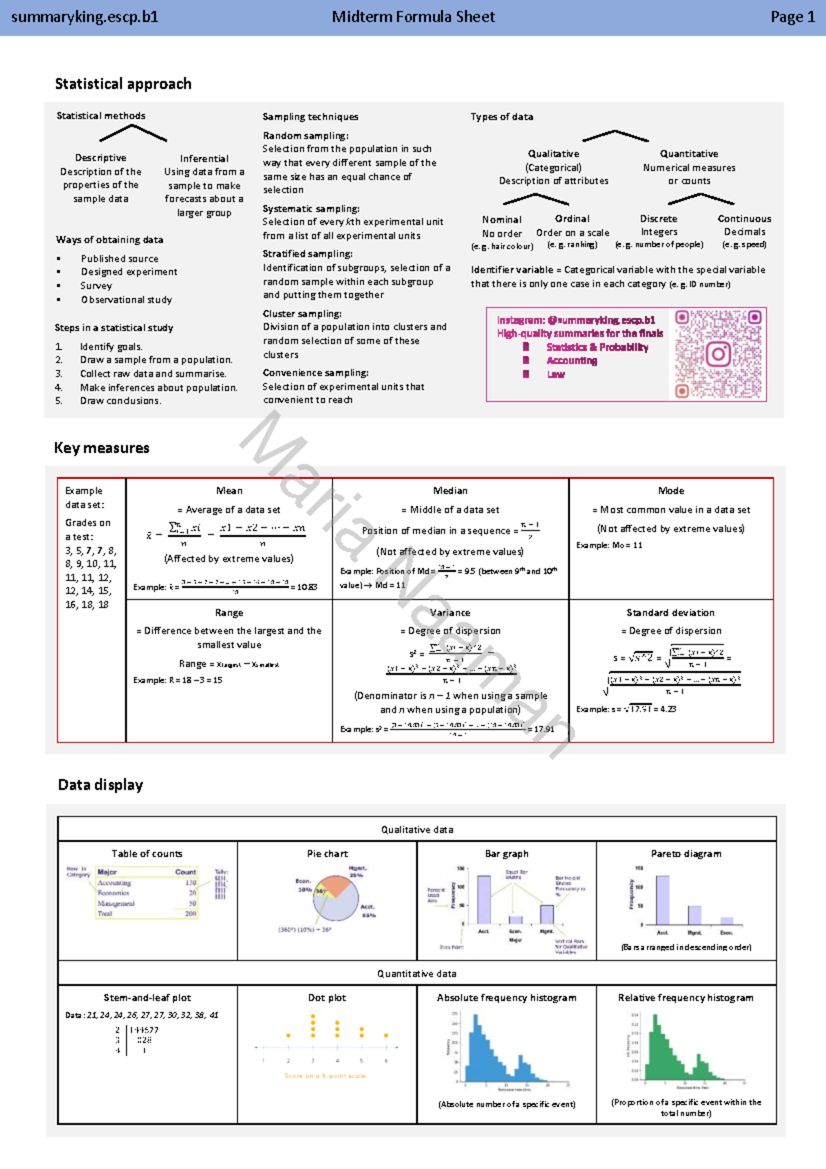 summaryking.escp.b1 Midterm Formula Sheet: Statistical Methods ...