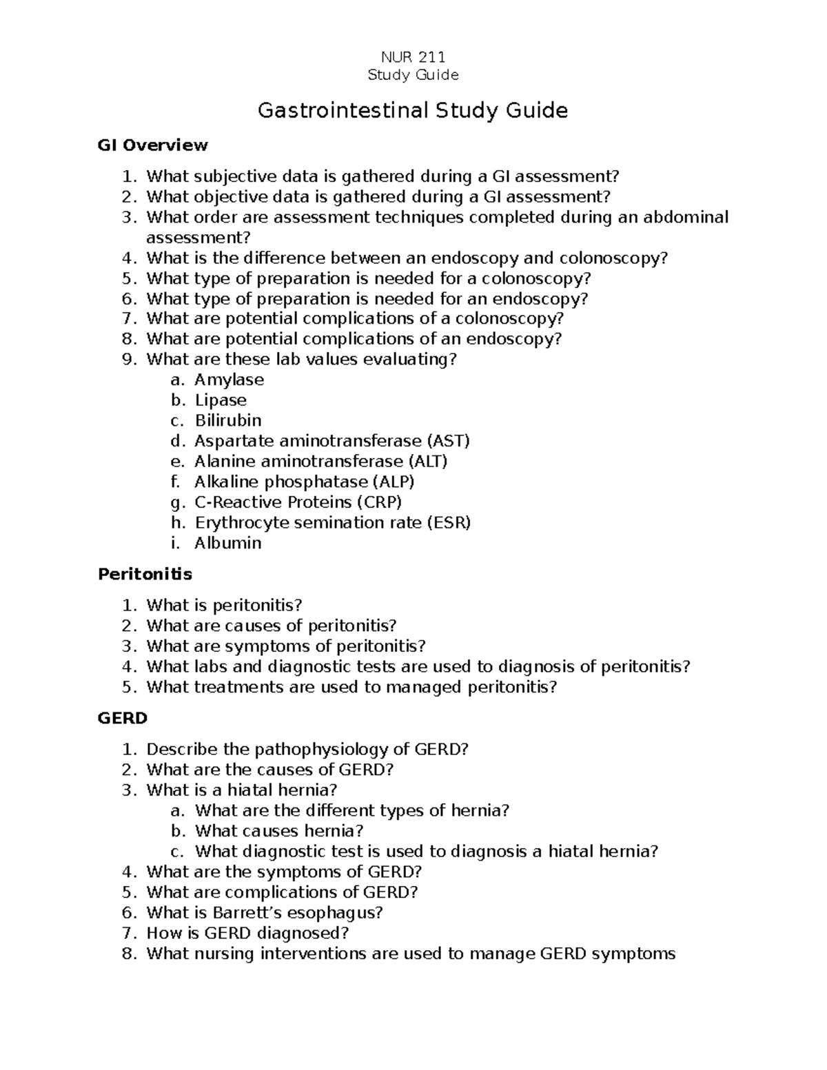 NUR 211 Final Exam Study Guide: Gastrointestinal Disorders Overview ...