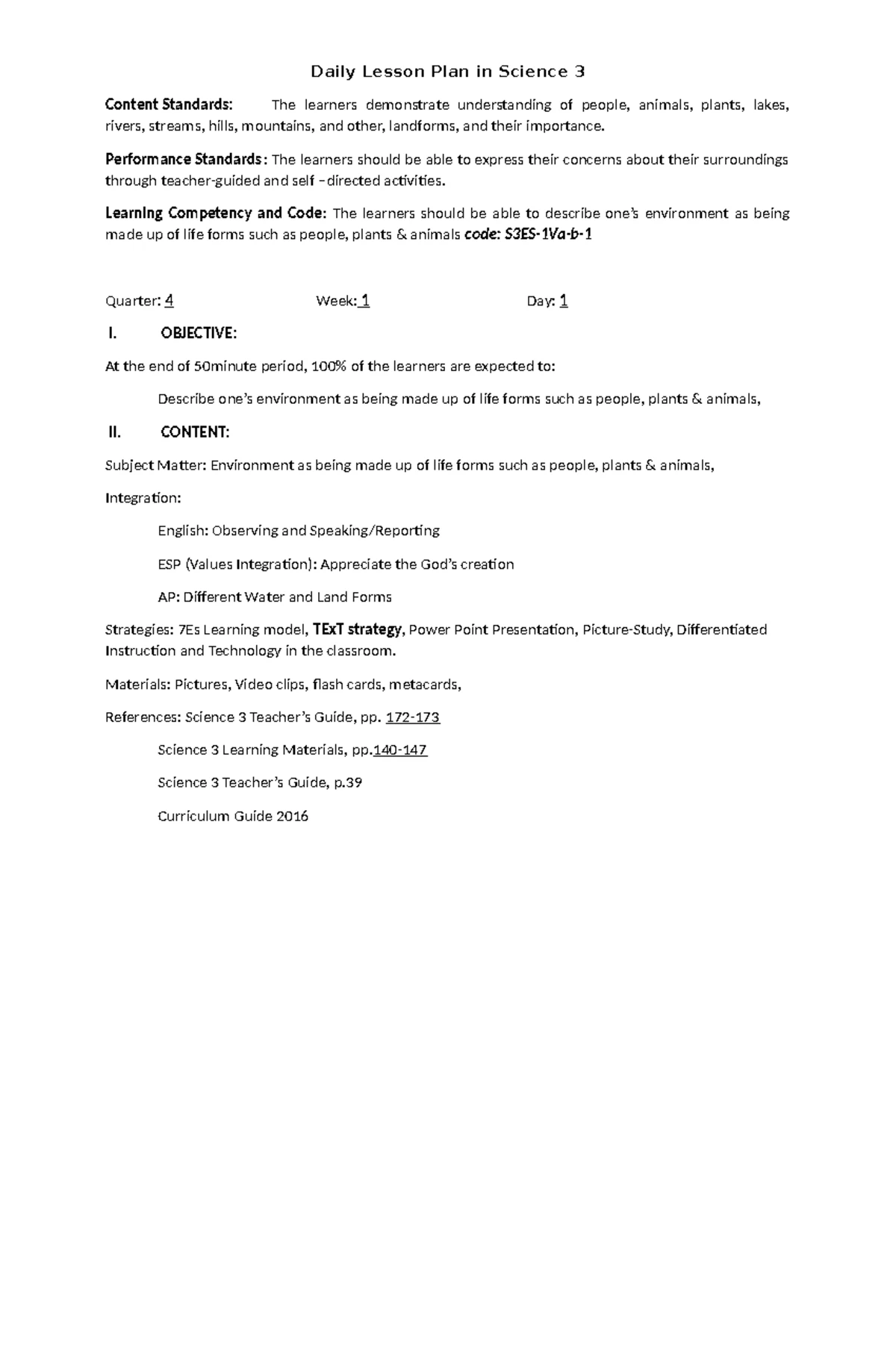 Daily Lesson Plan: SCI 3 - Understanding Life Forms in Environment (Q4 ...