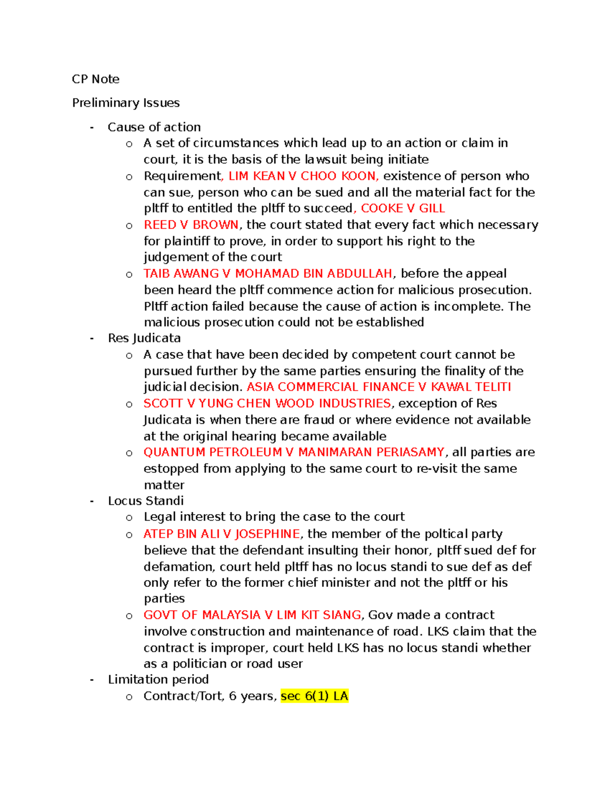 CP Note - Preliminary Issues in Cause of Action and Legal Procedures ...