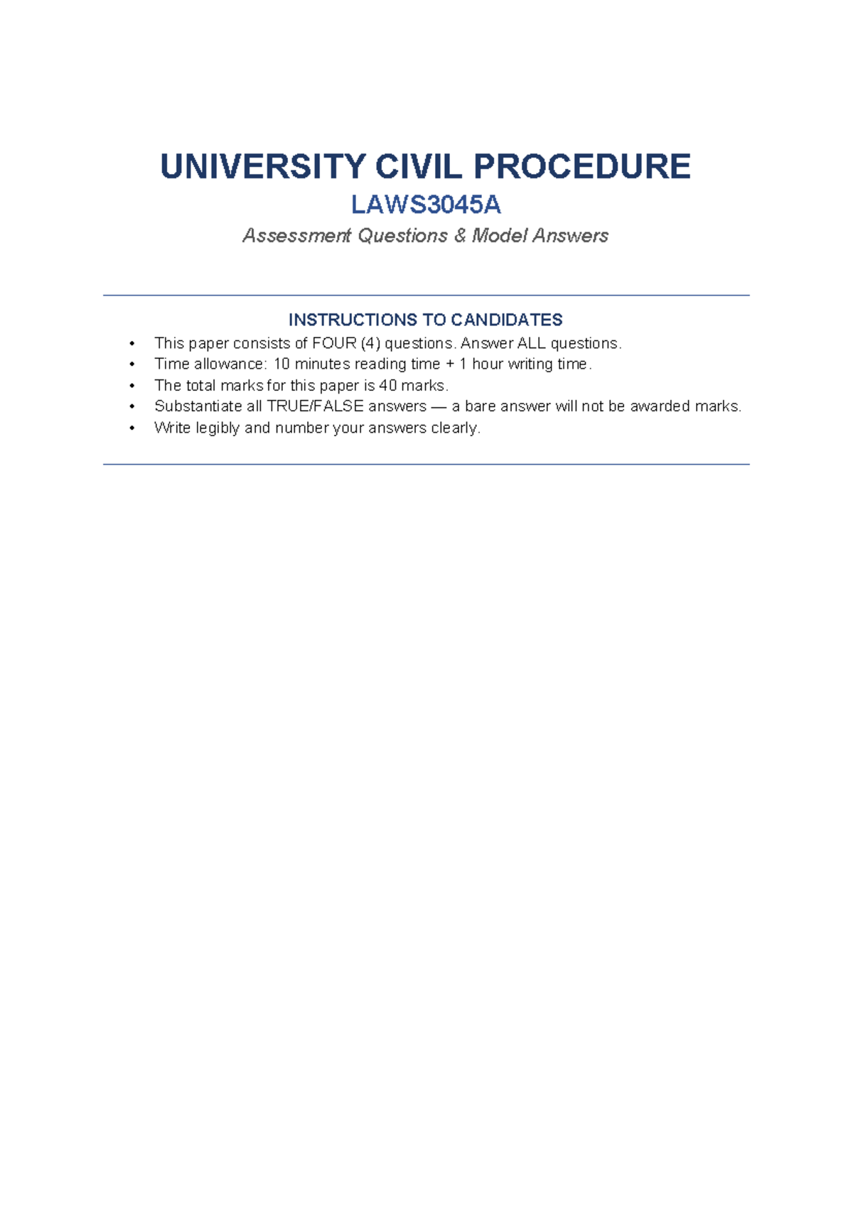 Civil Procedure Laws 3045A: Assessment Questions & Model Answers - Studocu
