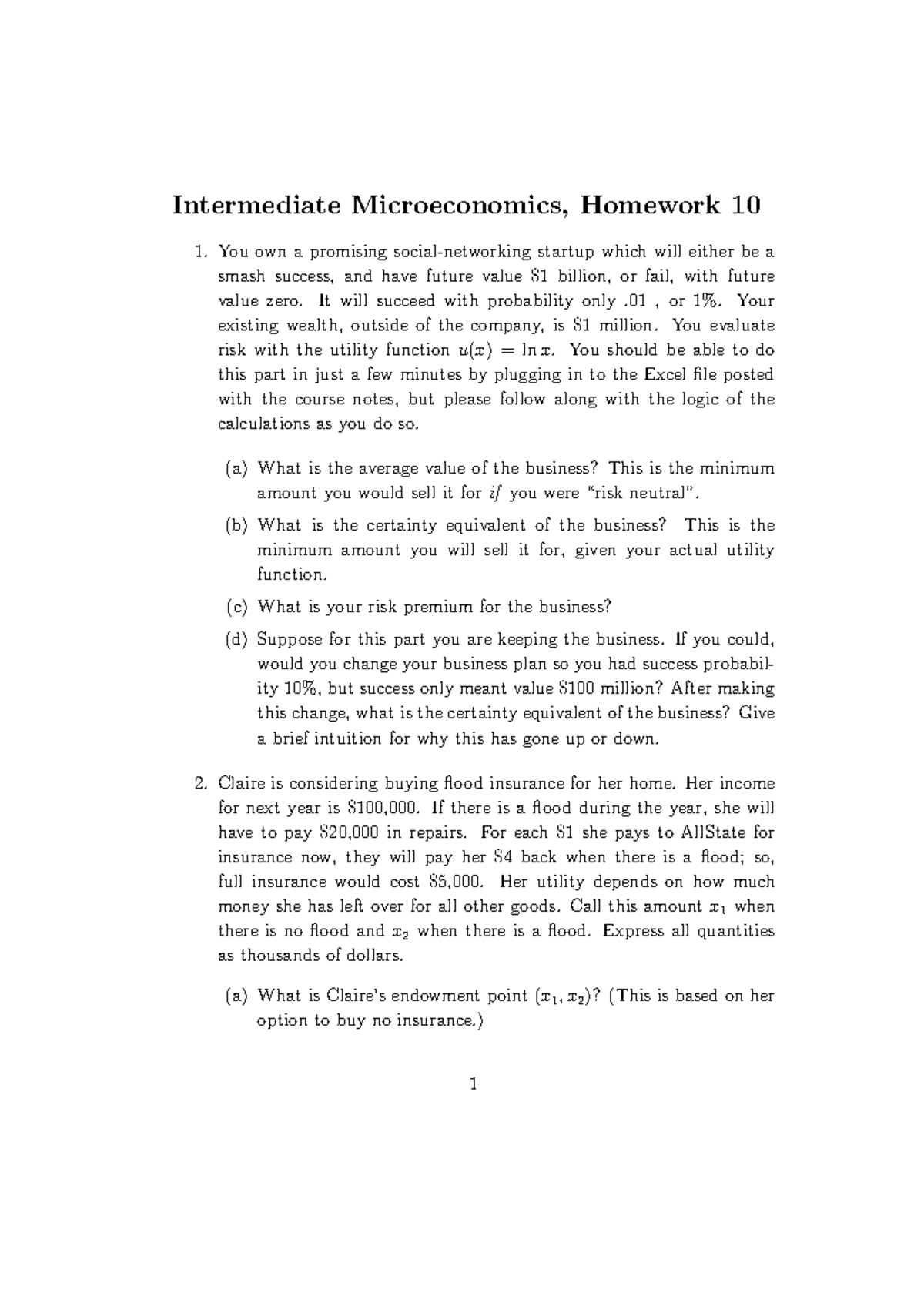 A10-FL24 - Intermediate Microeconomics Homework 10 Analysis - Studocu