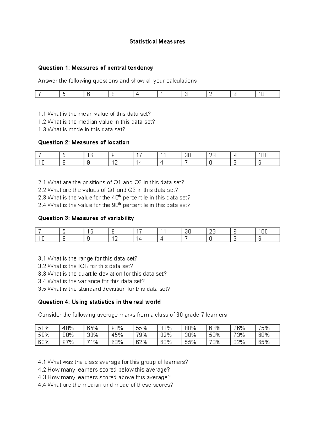 Activity 5 - It was a class work - Statistical Measures Question 1 ...