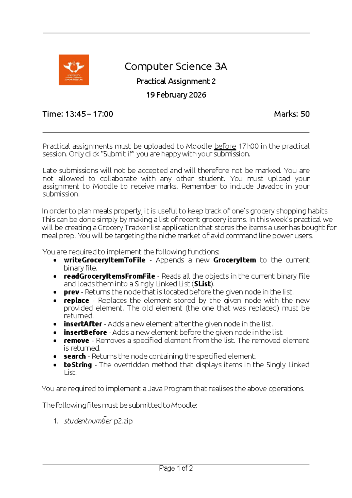 CS3A 2026 Practical Assignment 2: Grocery Tracker App Development - Studocu