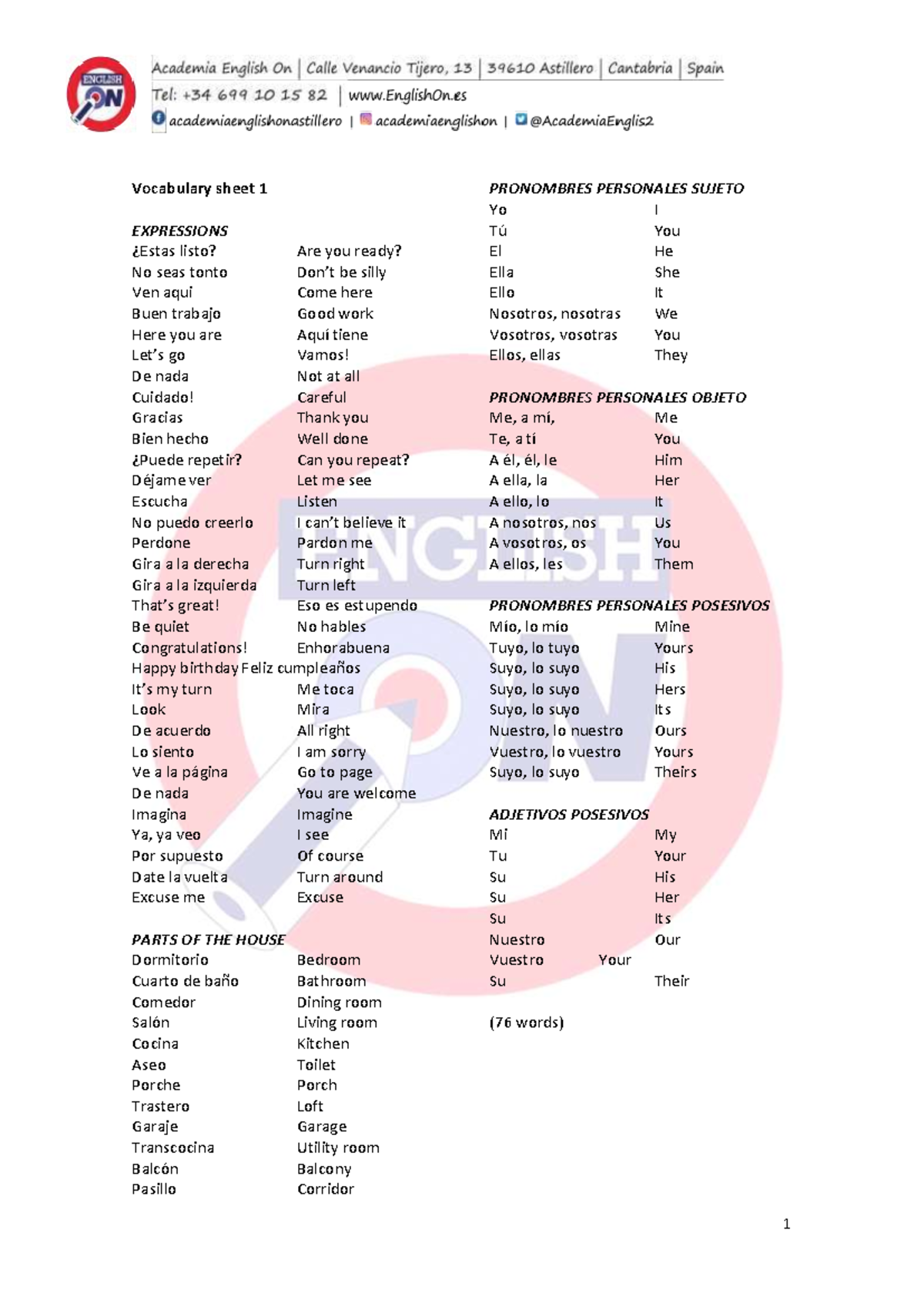 Vocabulary Sheet 1: Basic Expressions, Parts of the House, and More ...