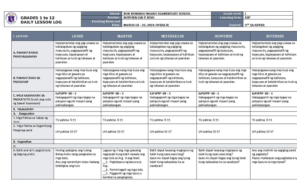 DLL Mathematics 1 Q3 W8 - Math 1 DLL - GRADES 1 to 12 DAILY LESSON LOG ...