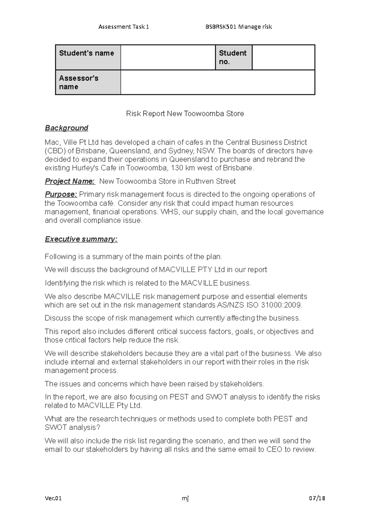 BSBRSK501_Assessment Task 1 - BSB51918 - Studocu