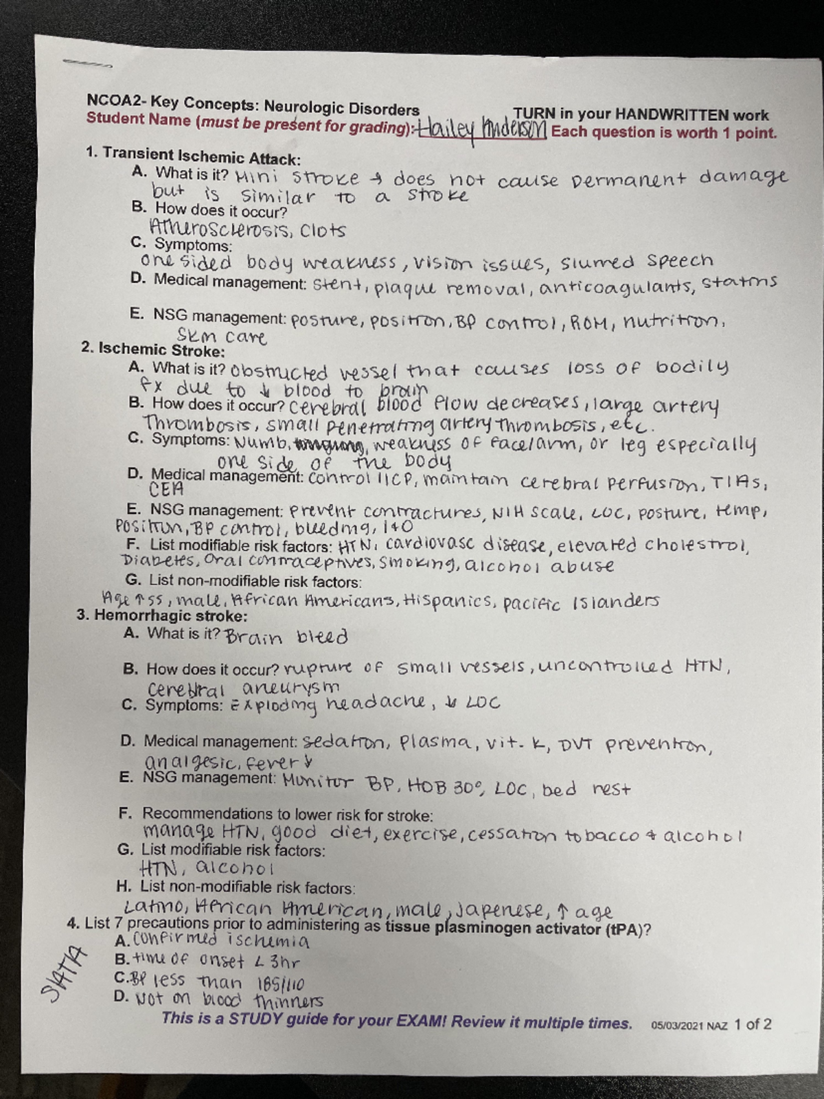 Key Concepts for Neurologic Disorders Study Guide NCOA2 - Studocu