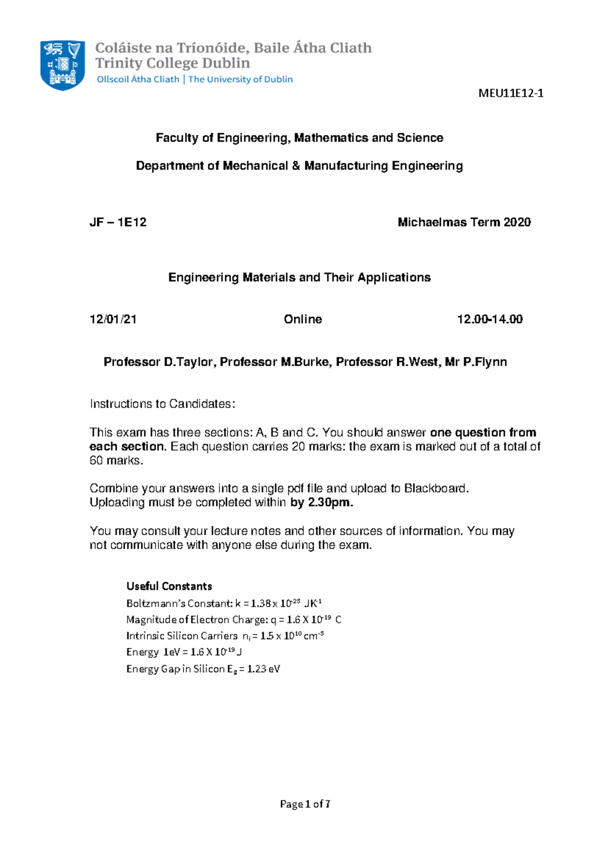 1E12 Engineering Materials Exam 2020 - Key Concepts and Solutions - Studocu