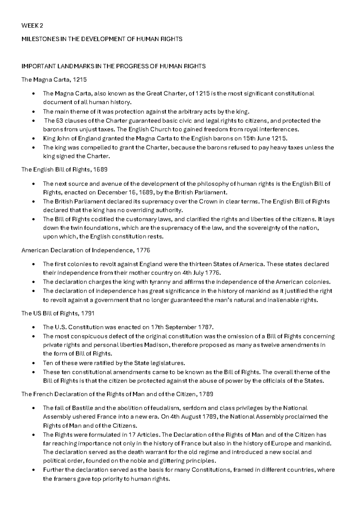 Week 2 2 - notes - WEEK 2 MILESTONES IN THE DEVELOPMENT OF HUMAN RIGHTS ...
